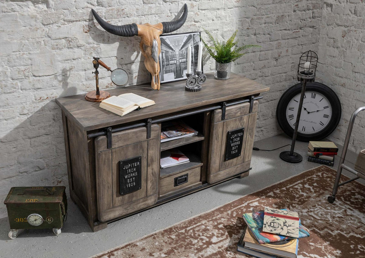 SIDEBOARD Mango 128x45x70 grau lackiert RAILWAY #202 - Grau, Holz (128/70/45cm) - Massivmoebel24