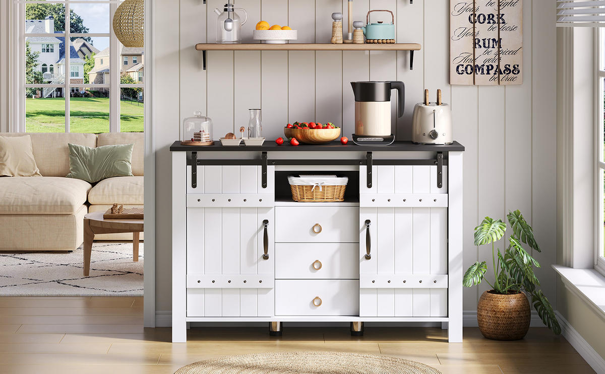SIDEBOARD im Landhausstil mit 2 Schiebetüren und 3 Schubladen, MDF, 120/40/80 cm, Weiß - Weiß, Holzwerkstoff (120/80/40cm) - Redom
