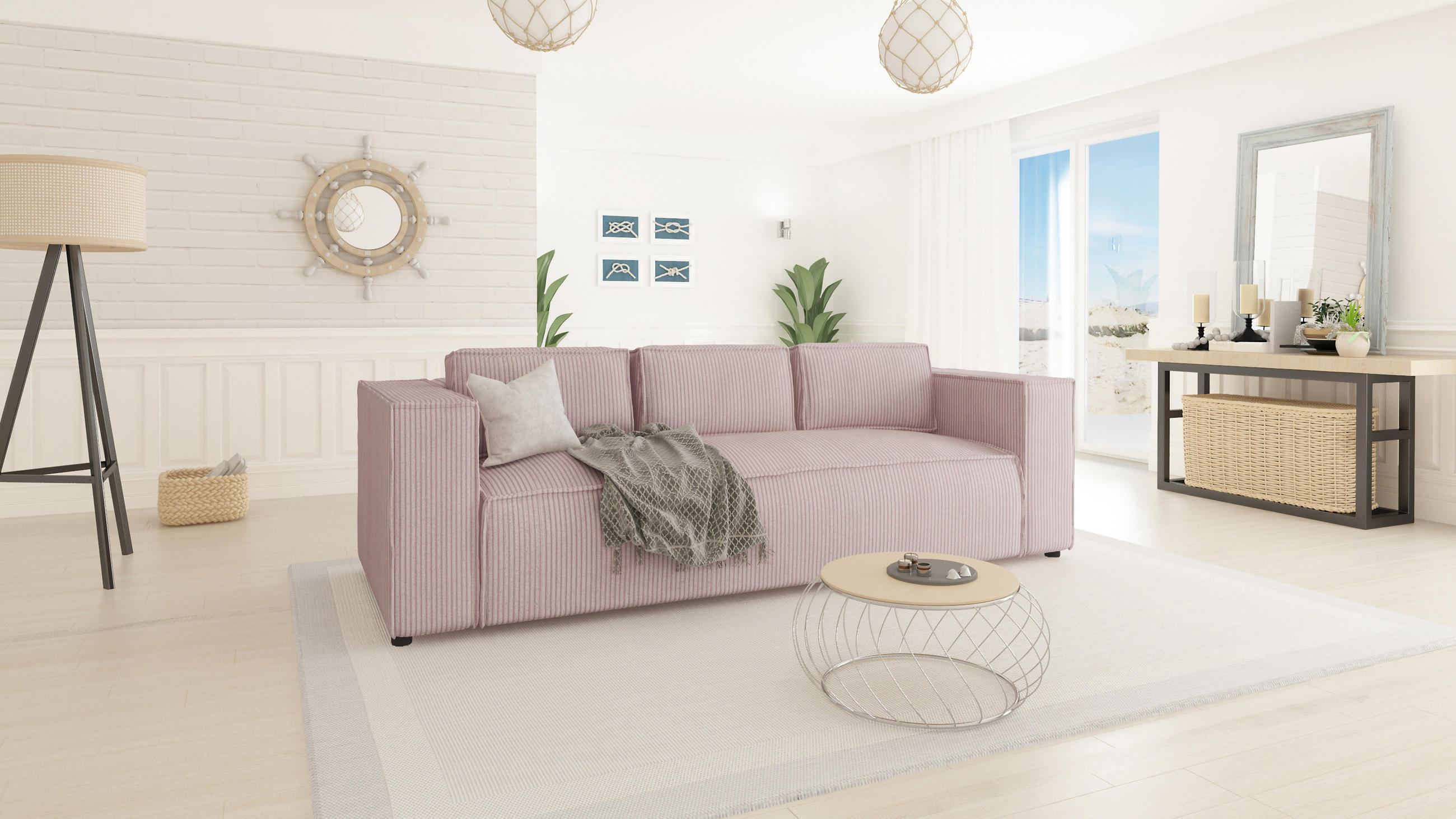 3-SITZER-SOFA Nova Puderrosa Cord - Pink/Schwarz, Holz/Kunststoff (230/64/92cm) - S-Style Möbel