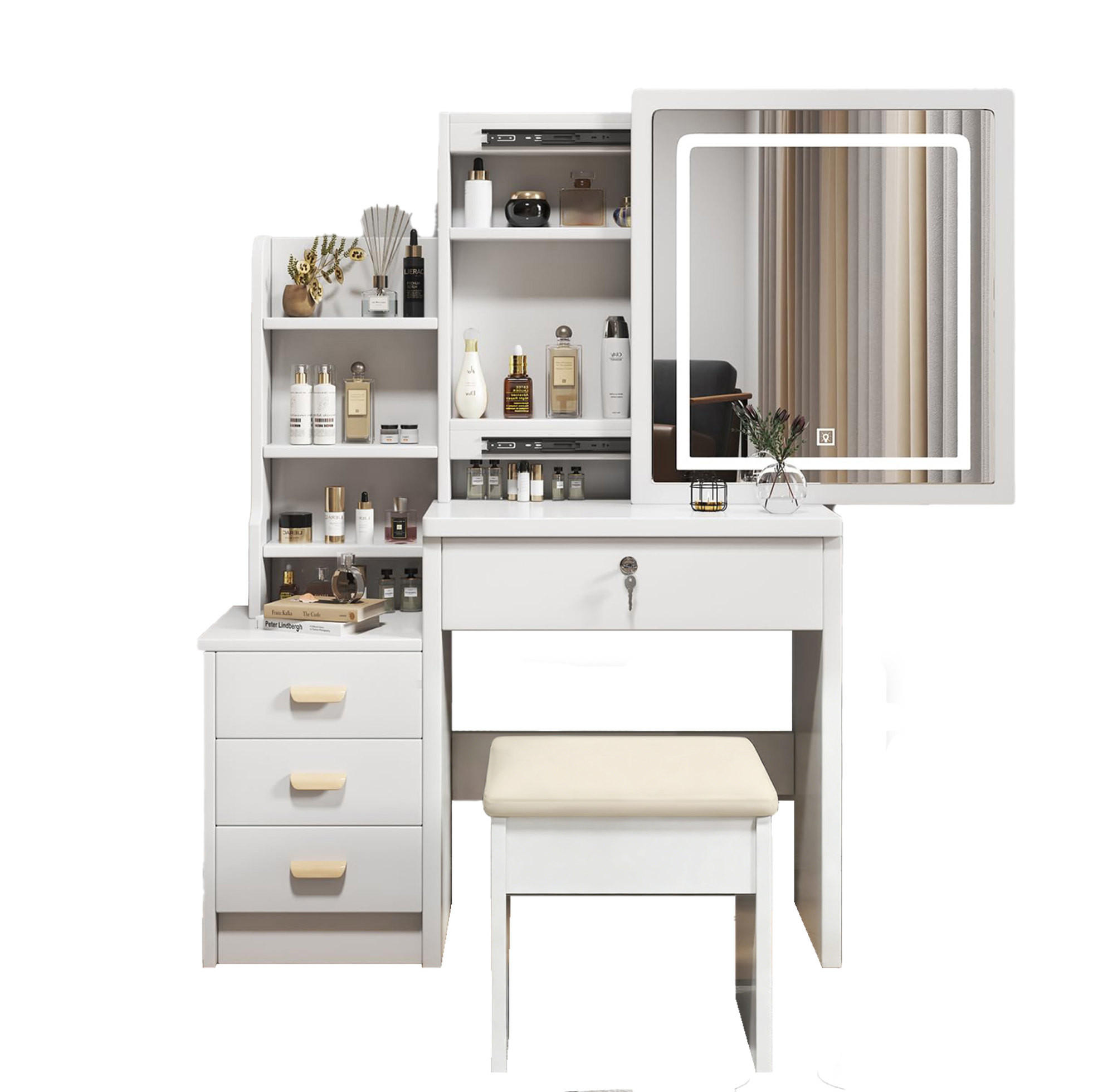 SCHMINKTISCH aus MDF 85x36x130 cm Weiß mit LED-Spiegel, Hocker und vielseitigem Stauraum - Weiß, Holzwerkstoff (85/130/36cm) - Modfu