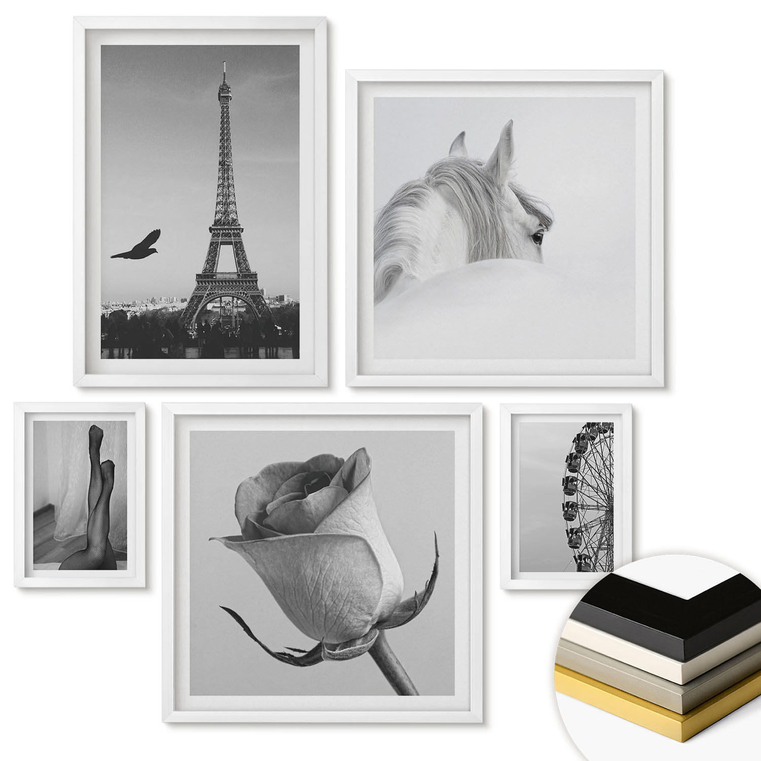 WANDBILDER 5er-Set - 50x50 cm & 20x30 cm & 40x60 cm Weißer Rahmen - Abstrakte warme Muster - Weiß, Kunststoff (40/60cm) - ArtPrintCave