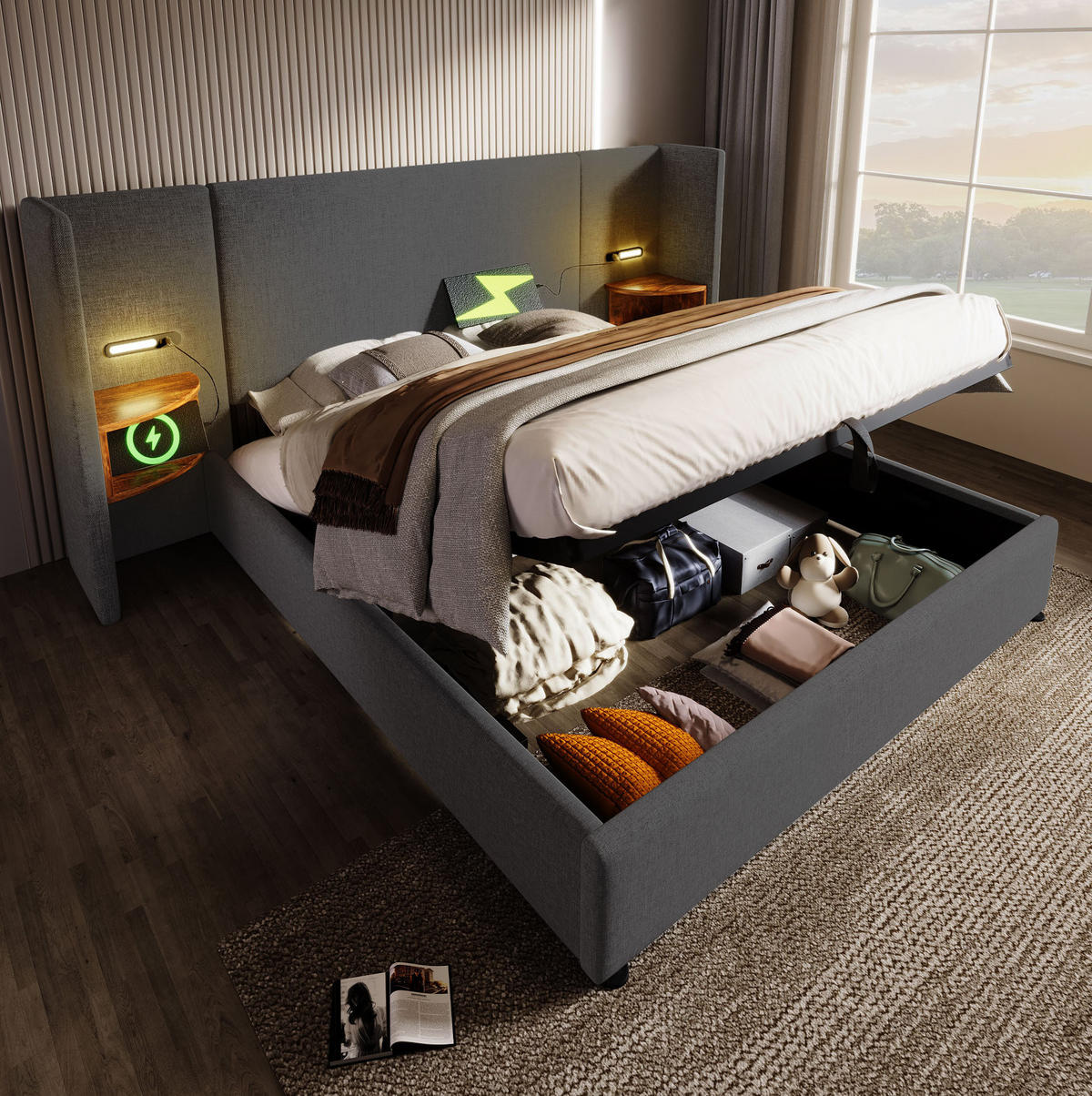 POLSTERBETT 160/200 cm aus Leinen mit Leselampe, USB- und Type-C-Anschluss sowie hydraulischem Stauraum, und Matratze,Grau - Grau, Textil (160/200cm) - Redom