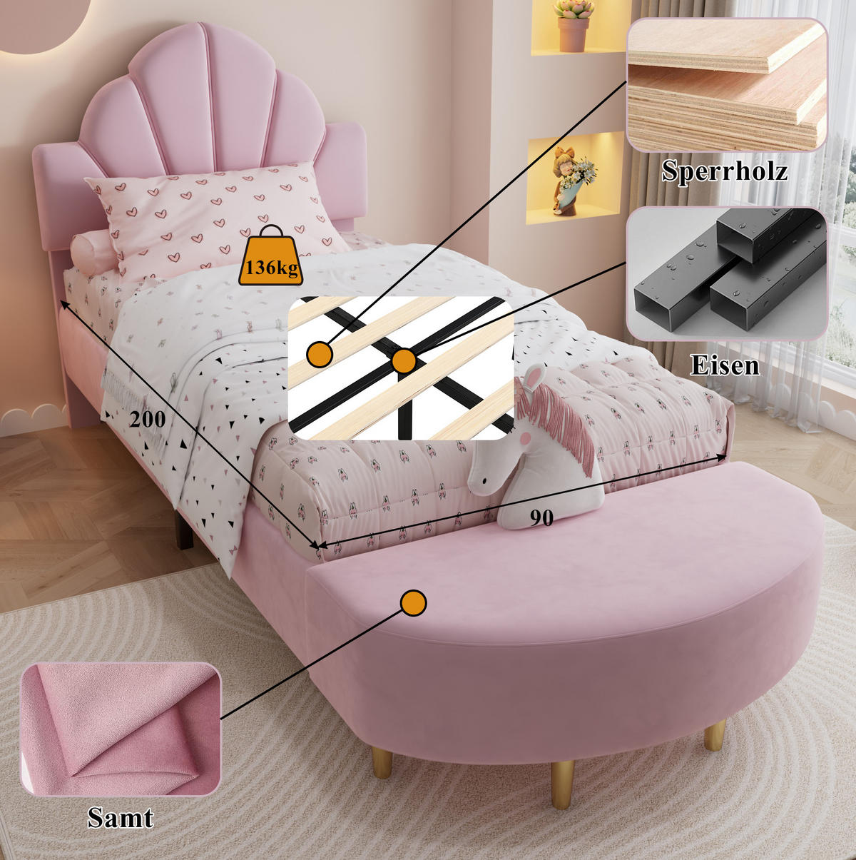 POLSTERBETT aus Samt 90x200 cm Rosa mit Bettbank, Samtkopfteil und weicher Antikollisionskante - Rosa, Textil (90/200cm) - Modfu