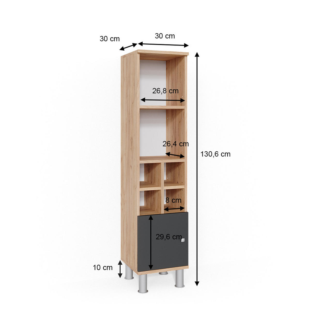 MIDISCHRANK Fynn Anthrazit 30 x 130.6 cm kleine Tür - Anthrazit, Holzwerkstoff (30/130.6/30cm) - Vicco