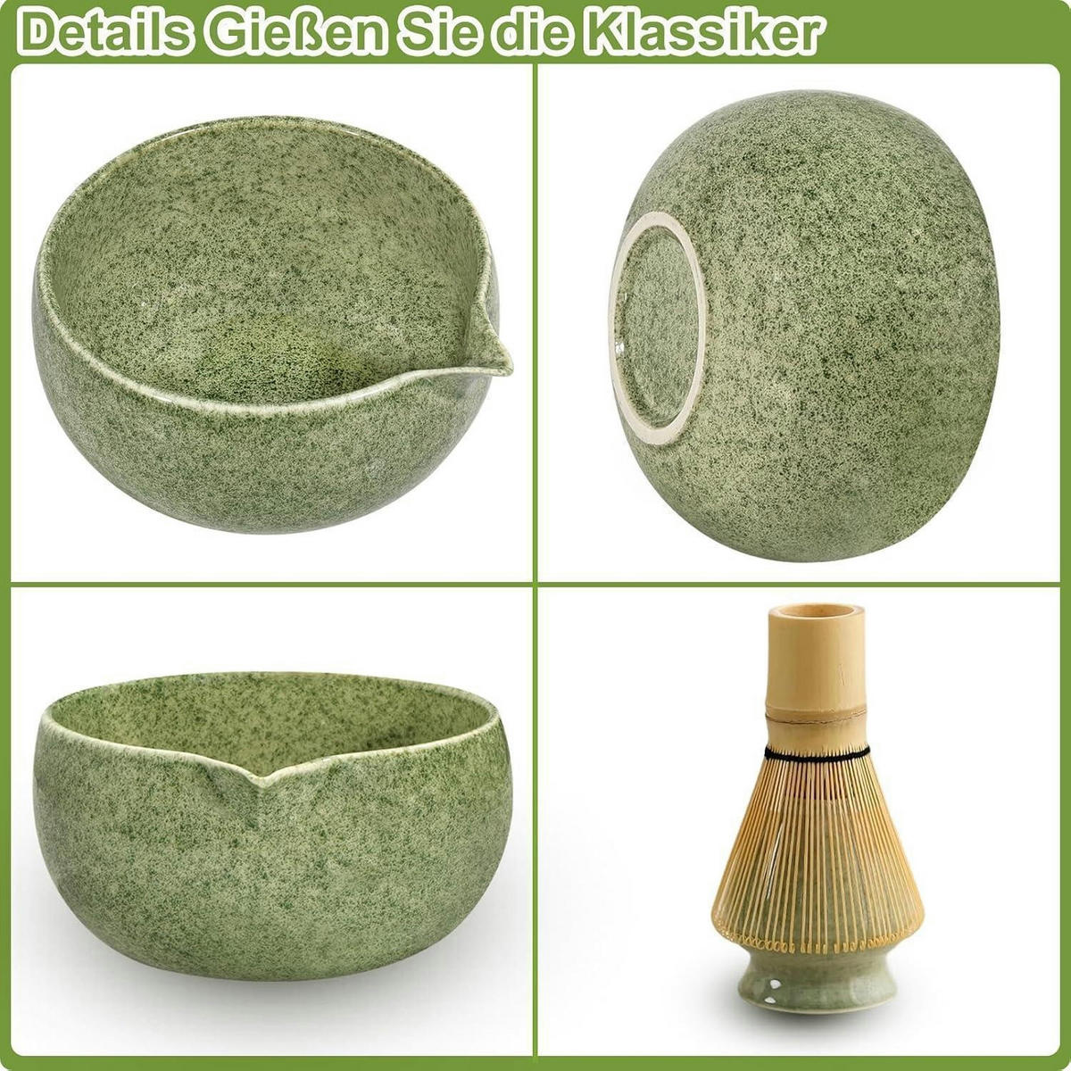 MATCHA Set 6-teiliges Set mit Bambusbesen und Schale - Grün, Keramik (115/108/130cm)
