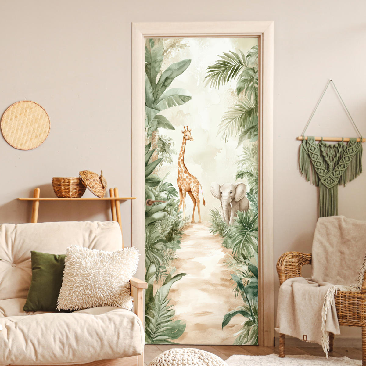 FOTOTAPETE Tür - Dschungel - Giraffe - Elefant - Grün - Natur 95x235 cm - Eukalyptusholzfarben, Kunststoff (95/0.1cm) - MuchoWow
