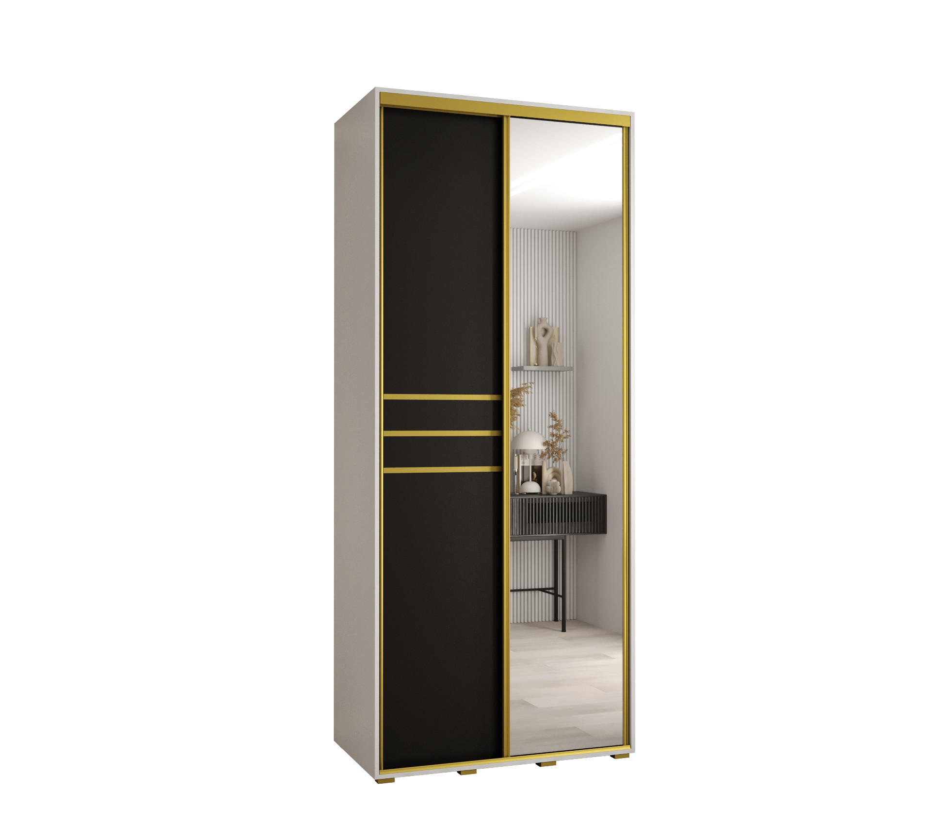 Abiks Möbel Schwebetürenschrank Weiß, Schwarz, Gold 100x235x45 cm
