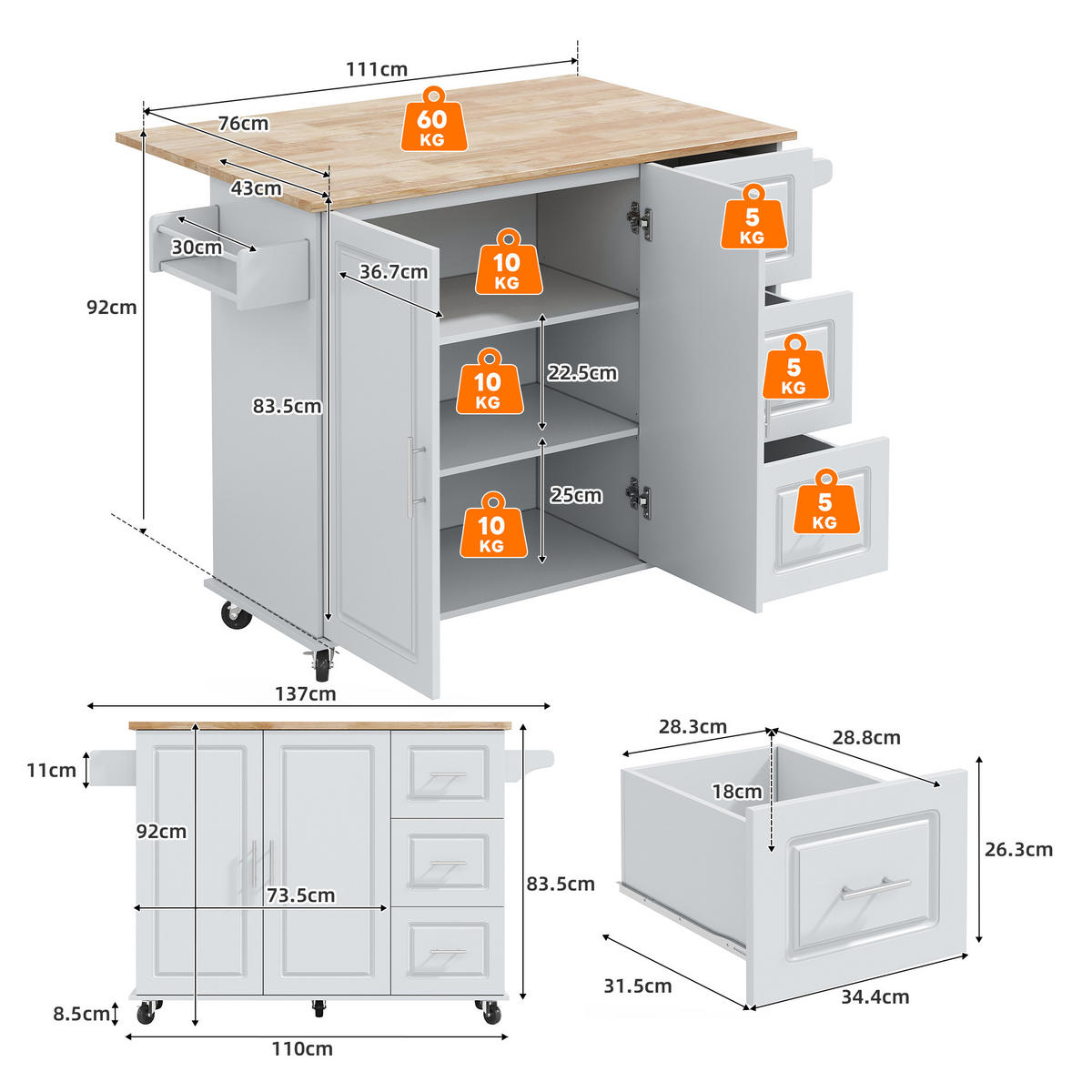 KÜCHENINSEL 137x76x92cm Grau mit Klappplatte, Schrank, 3 Schubladen & Rollen - Grau, Holzwerkstoff (137/92/76cm) - Modfu