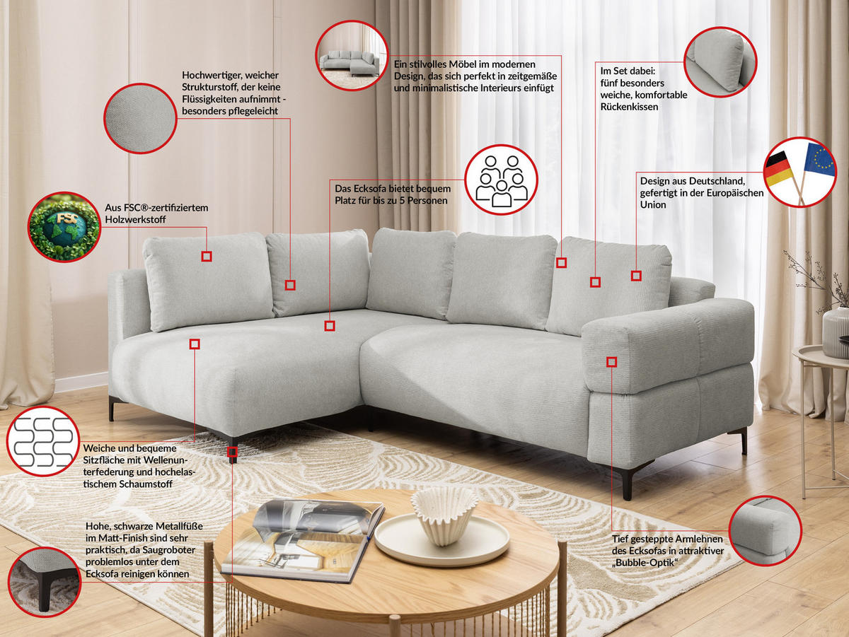 ECKSOFA Cardea in Bubble-Optik aus weichem Hellgrau Strukturstoff mit hohem Sitzkomfort - Ottomane links - Hellgrau/Schwarz, Holz/Textil (170/230cm) - S-Style Möbel