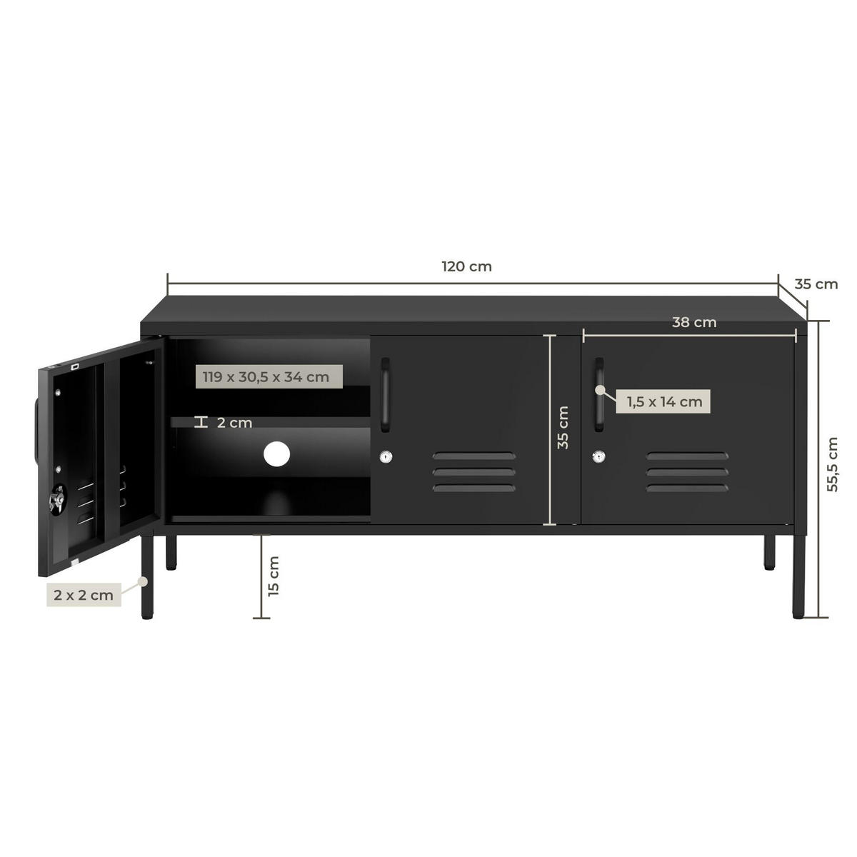 SIDEBOARD Baker, Kippschutz, höhenverstellbare Füße, schwarz - Schwarz, Metall (120/55.5/37.5cm) - tectake
