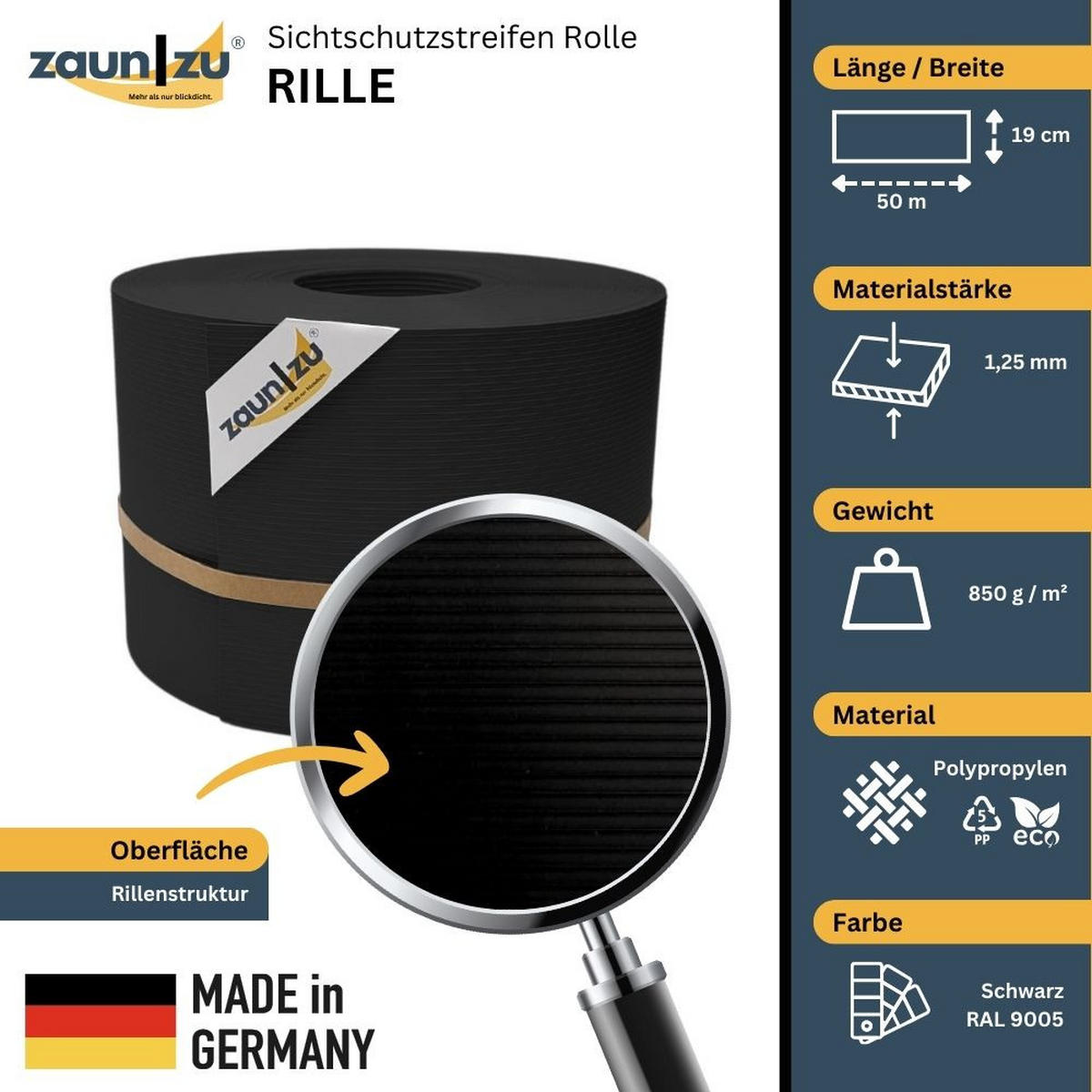 SICHTSCHUTZSTREIFEN Rille PP für Doppelstabmatte Zaunblende Schwarz 50m - Schwarz, Kunststoff (5000/19cm) - ZAUN|ZU