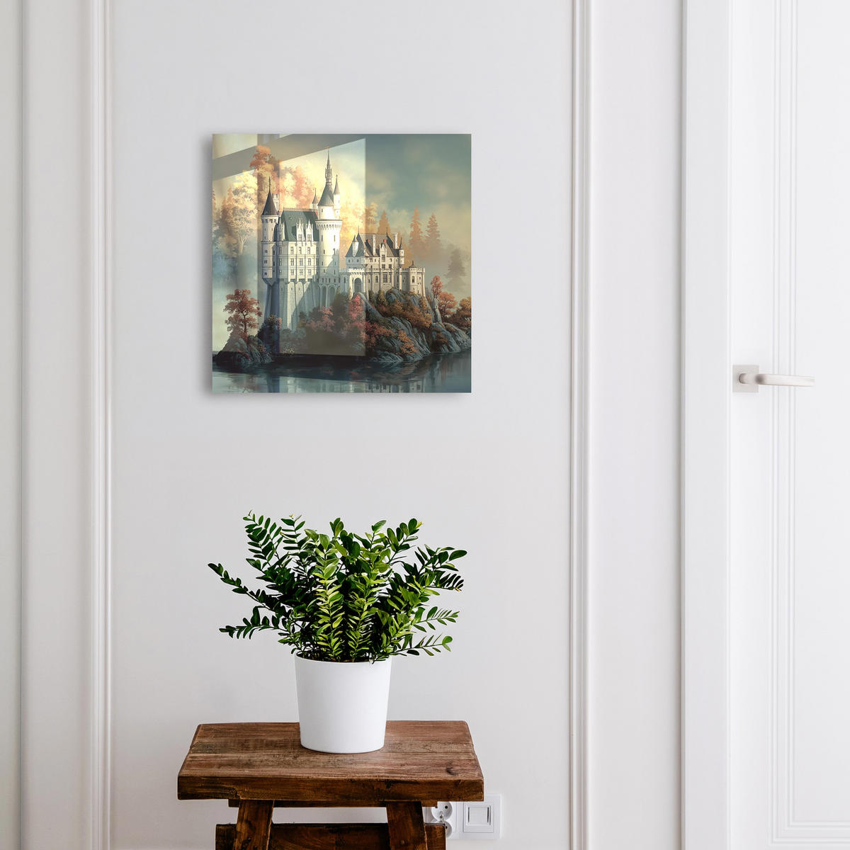 SCHLÜSSELBOX Weiß 30x30 cm – Türöffnung nach rechts - Schloss im Herbst - Grau, Metall (30/30/5cm) - TULUP