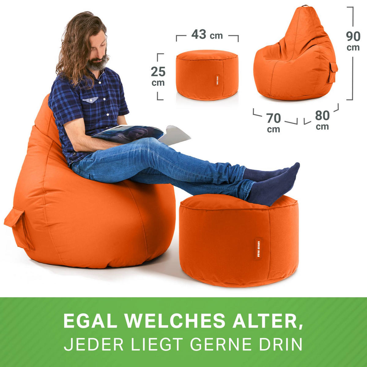 SITZSACK + Hocker "Cozy+Stay" 2er Set - Orange, Textil (70/90/80cm) - Green Bean