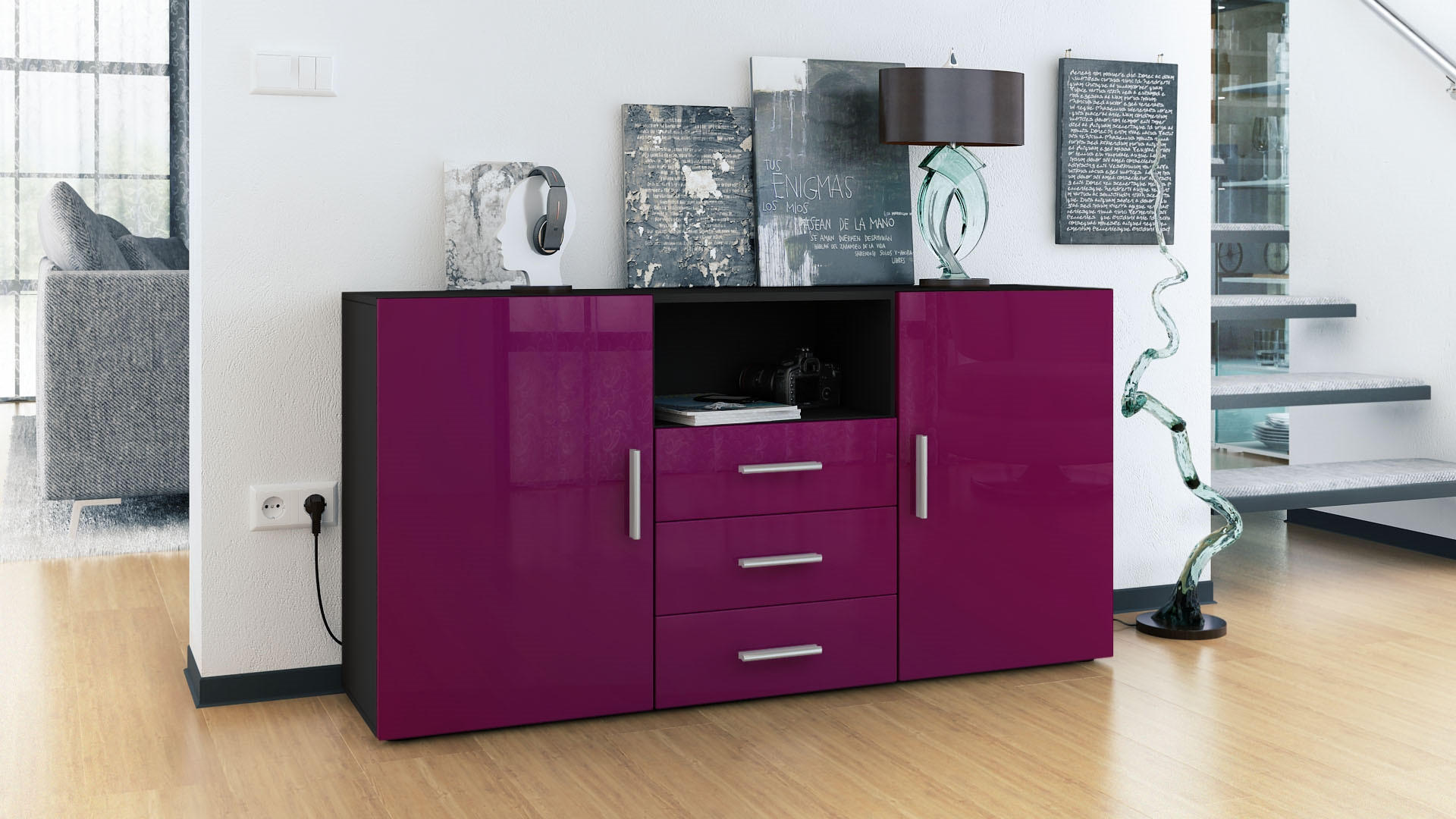 SIDEBOARD Skadu Front in Brombeer Hochglanz - Brombeere, Holzwerkstoff (138.5/71.5/35cm) - Vladon