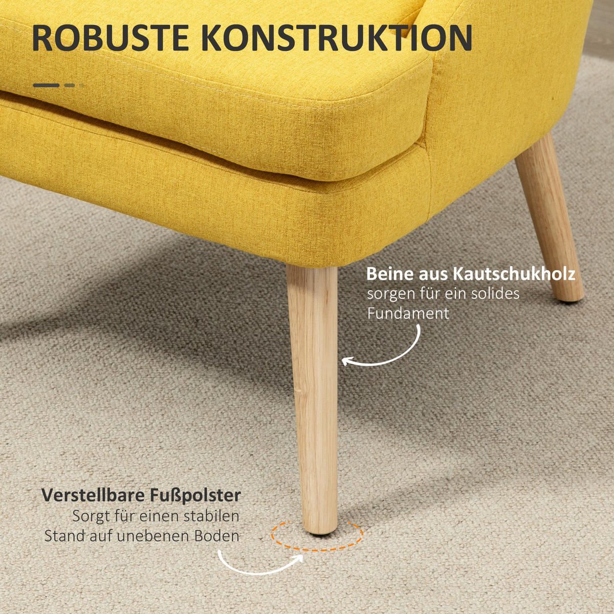 GEPOLSTERTE Loungesessel, Armlehne, Holzbeine, für Wohnzimmer, Schlafzimmer - Gelb, Kunststoff (69/79.5/63cm) - HOMCOM
