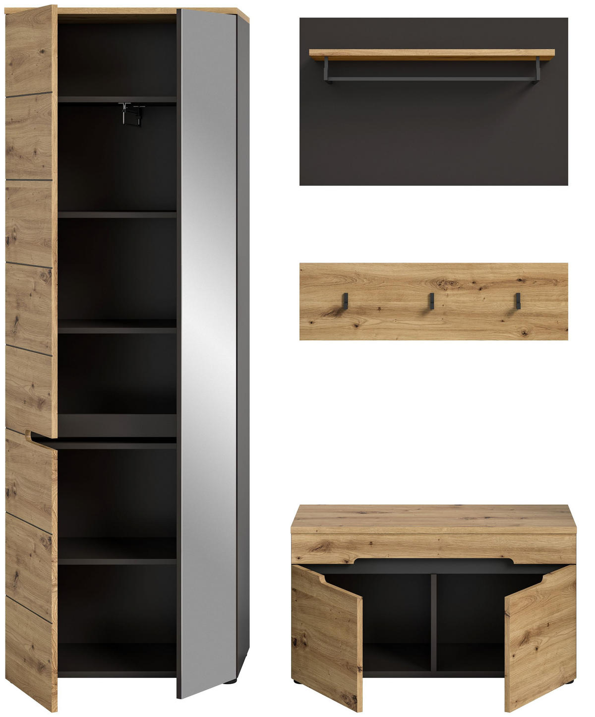 GARDEROBEN-SET CANU (B/H/T: ca. 160/190/37 cm) in Basalt grau/Artisan Nachbildung - Grau, Holzwerkstoff (160/190/37cm)