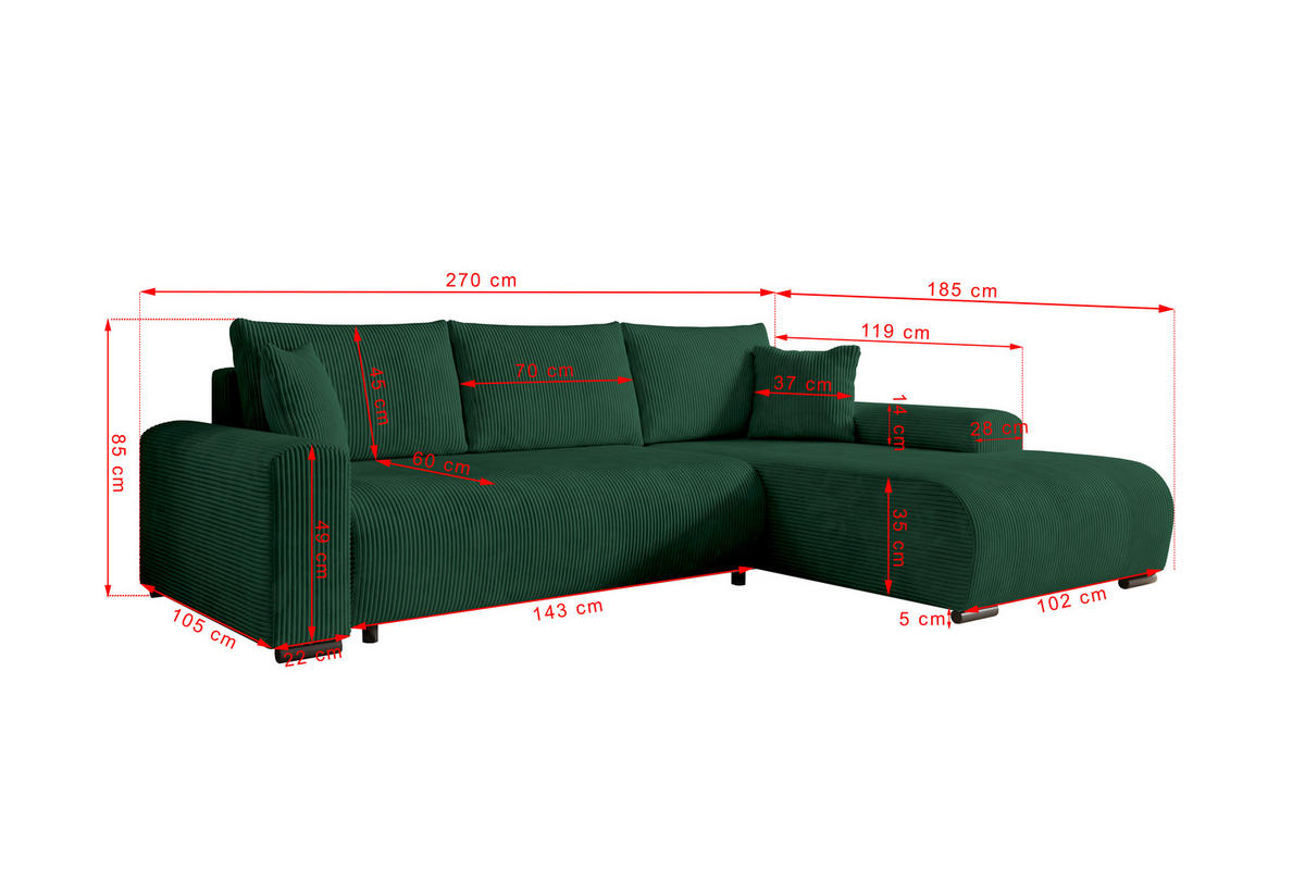 ECKSOFA Nelly mit Bettkasten und Schlaffunktion, Cordstoff in L-Form - Grün, Textil (270/185cm)