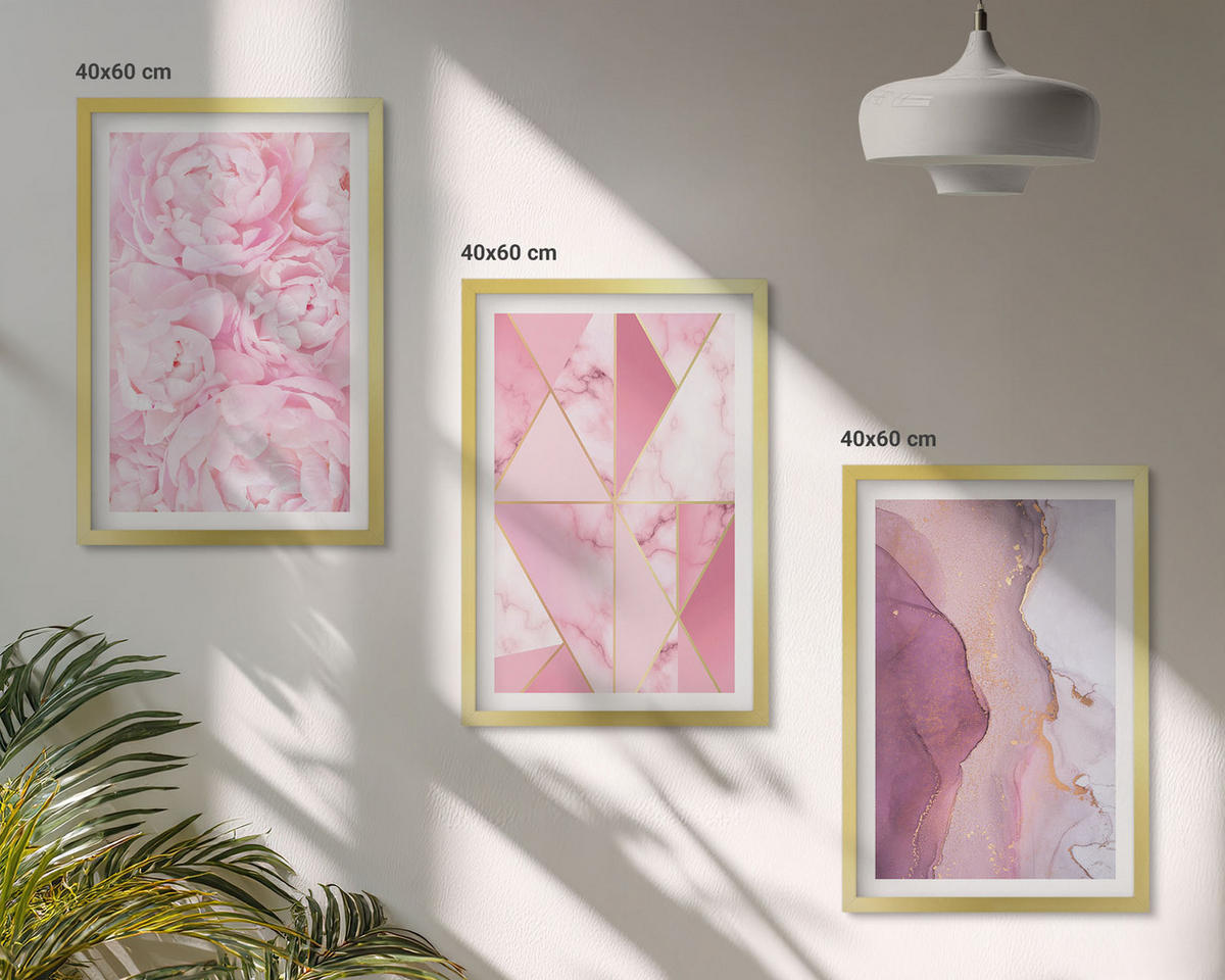 BILDER SET 3er Set - 40x60 cm Goldrahmen - Rosa geometrische Pfingstrosen - Goldfarben, Kunststoff (40/60cm) - TULUP