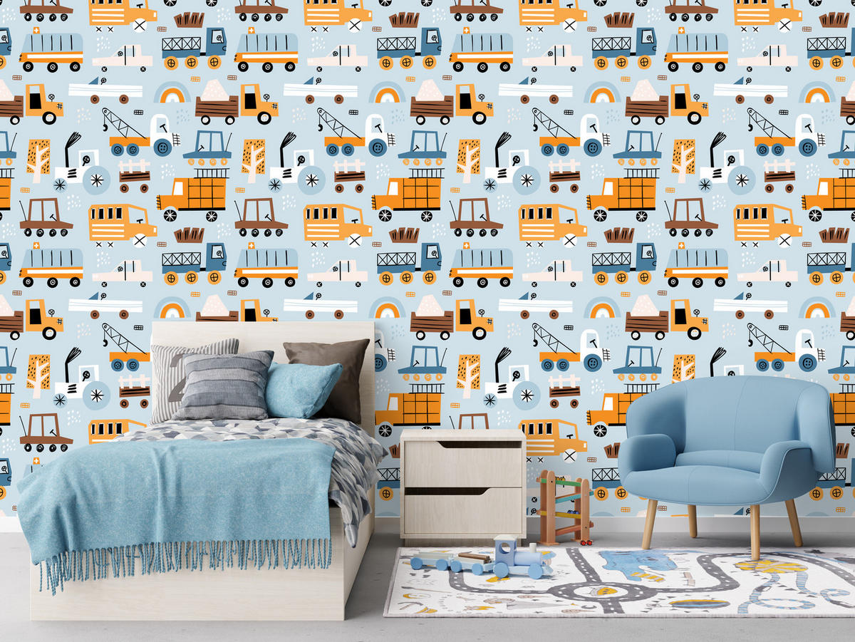 VLIESTAPETE Autos und Baustellenfahrzeuge – Orange, Blau, Grau – 50x1000 cm - Blau/Orange, Papier (50/1000cm) - Muralo