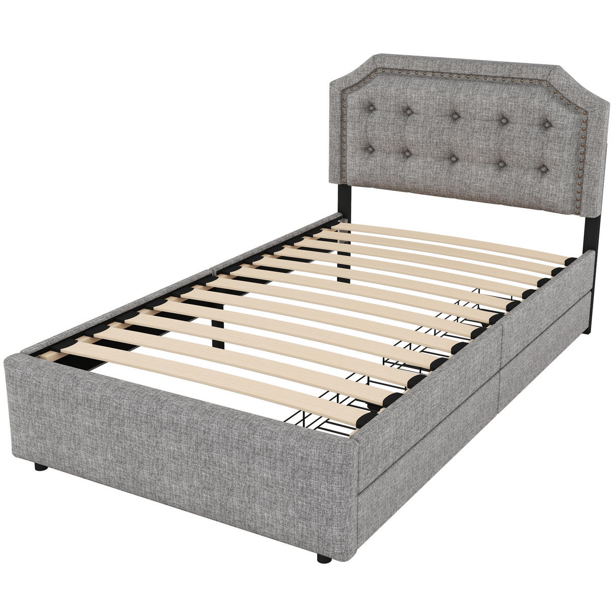 POLSTERBETT 90/200 cm mit Schubladen und gepolstertem Kopfteil in Grau - Grau, Textil (90/200cm) - BEAOK