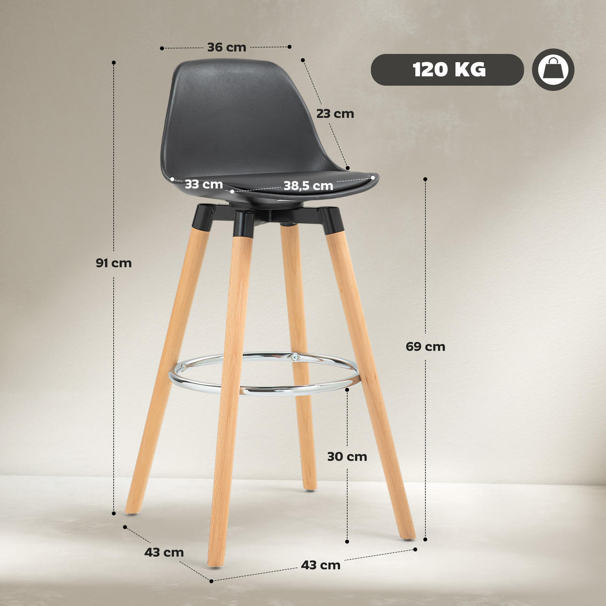 BARHOCKER 2er-Set DE-14790 gepolstert mit Buchenholzgestell Schwarz - Schwarz, Holzwerkstoff (43/91/43cm) - ComfortXL