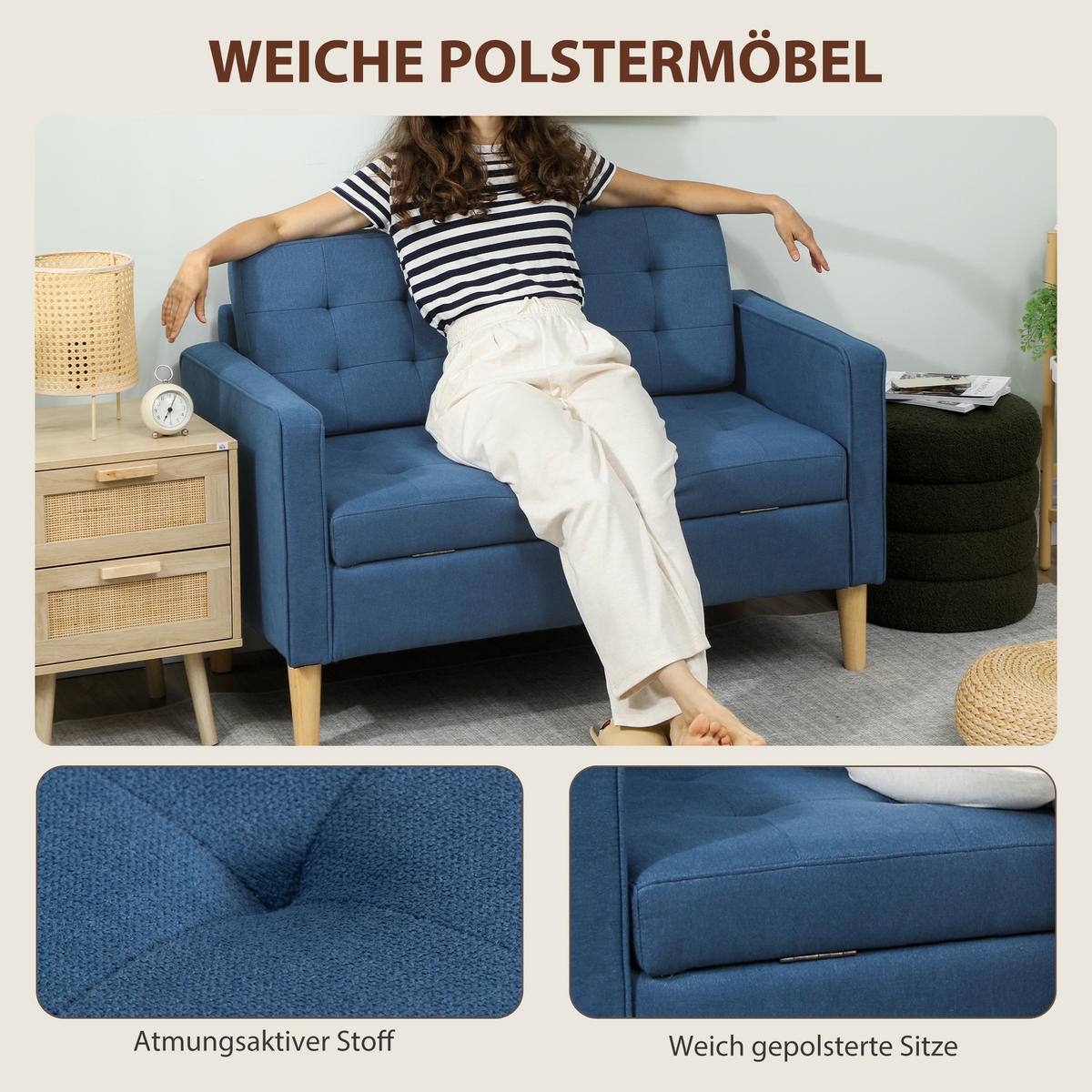 ZWEISITZER-SOFA DE-06501 Knopfheftung, Kautschukholz Blau - Blau, Holz/Textil (117/78/62cm) - ComfortXL
