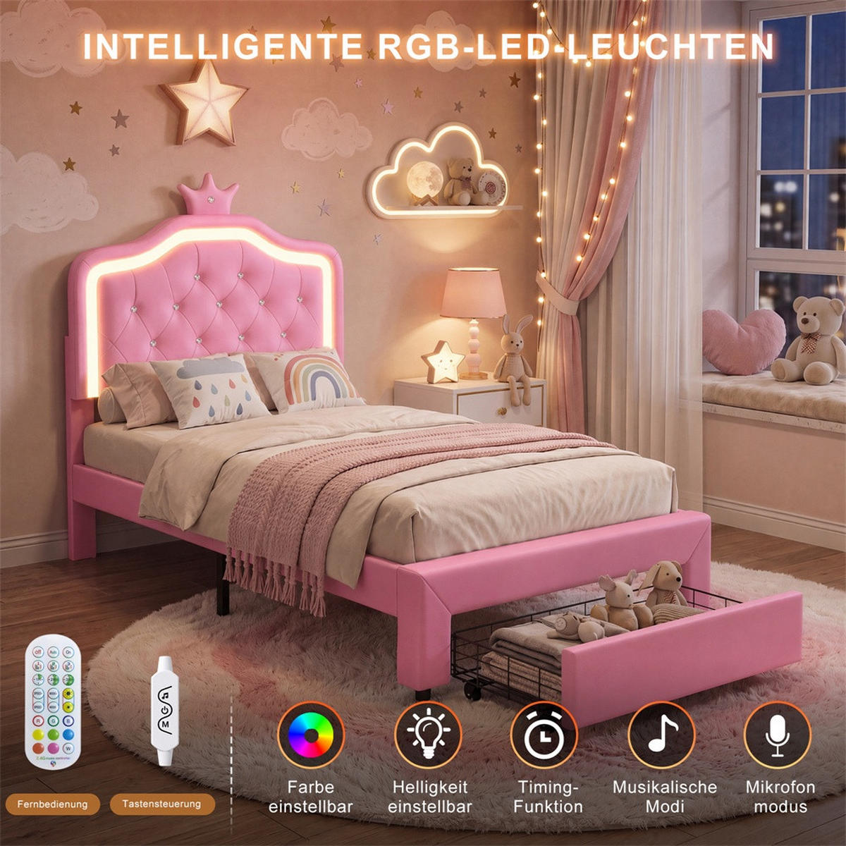 KINDERBETT 90 x 200 cm - höhenverstellbares Kopfteil mit LED-Beleuchtung und 1 Schublade - ohne Matratze - Rosa - Pink, Textil (90/200cm) - DELFA