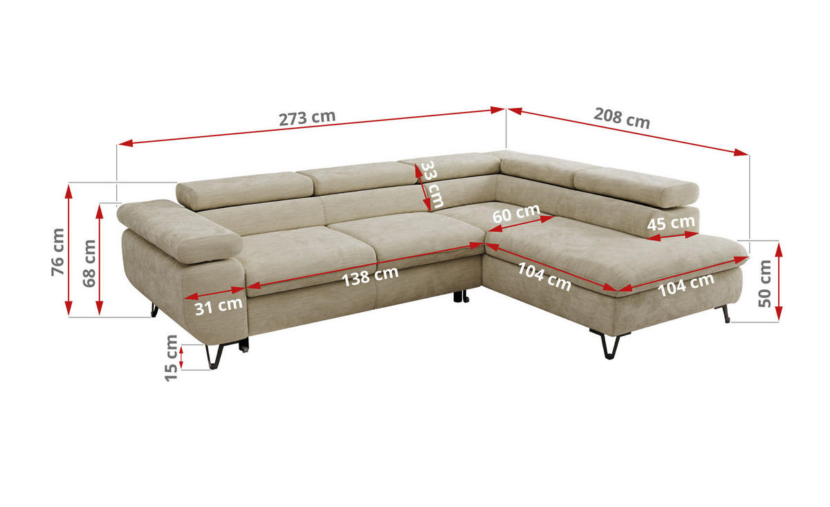 ECKSOFA PABLO L Beige Schenille glatt - Links Seite mit Visco Topper - Beige/Schwarz, Textil/Metall (208/273cm) - MKS