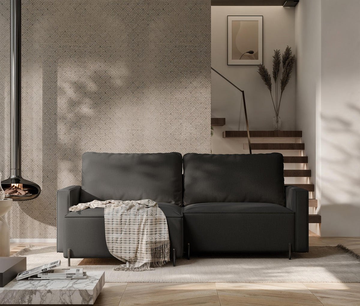 ECKSOFA LEO Links, mit Schlaffunktion und Bettkasten, Anthrazit - Anthrazit, Textil/Metall (229/148cm) - Idohome