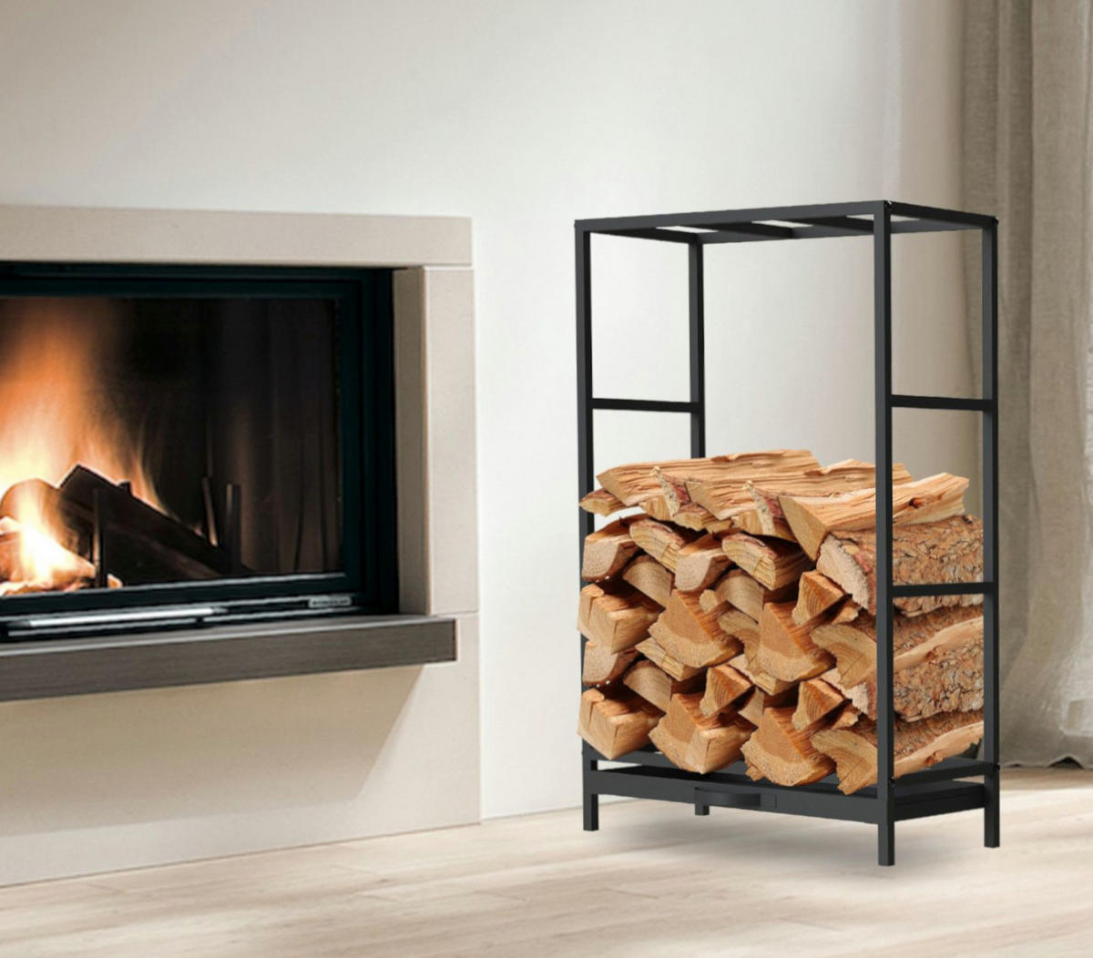 KAMINHOLZREGAL mit Schublade Metall Schwarz 80 cm 96356 - Schwarz, Metall (50/80/25cm) - DanDiBo