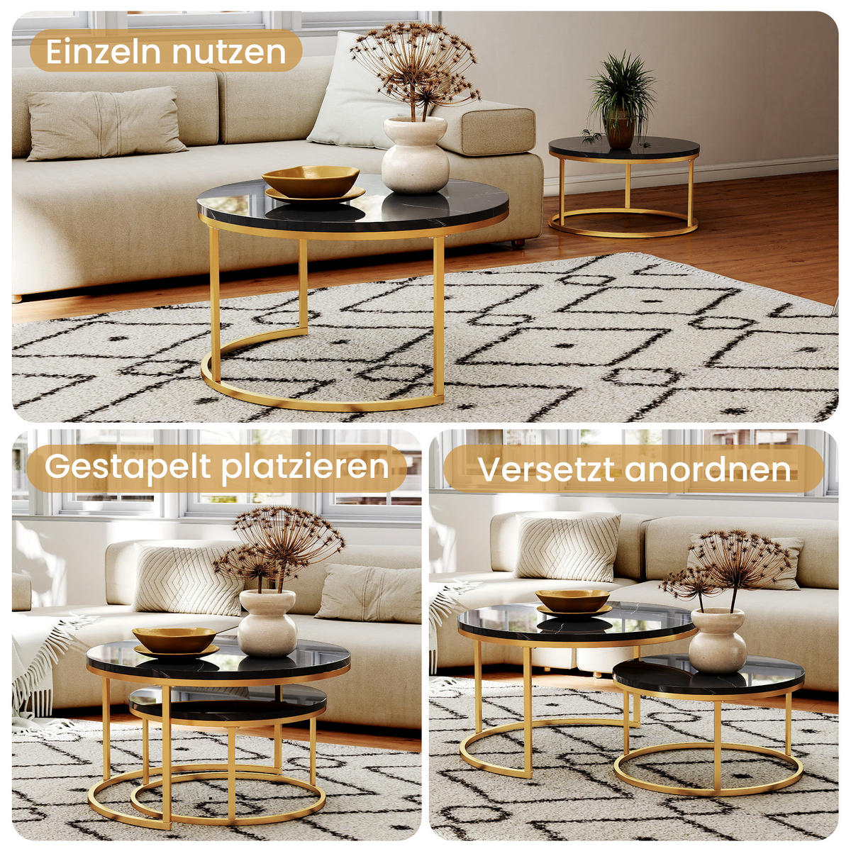 COUCHTISCH in Schwarz Hitzebeständiger Wohnzimmertisch mit Marmor-Optik Platte Sofatisch mit Metallgestell - Goldfarben/Schwarz, Holzwerkstoff/Metall (80/80/45cm) - STILVORA