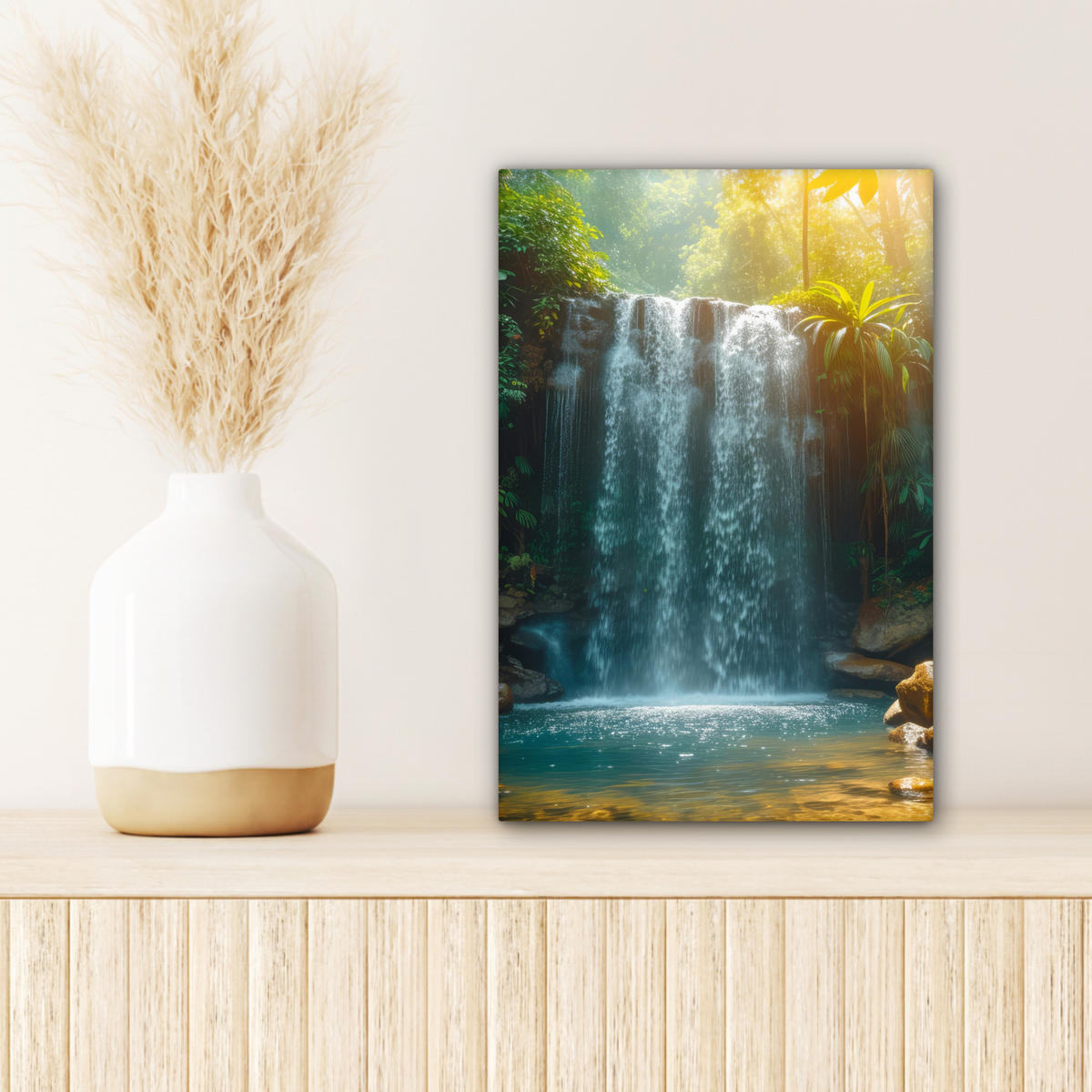 LEINWANDBILD Wasserfall - Dschungel - Sonne - Grün - Natur Deko Wohnzimmer 20x30 cm - Grün, Textil (20/30cm) - MuchoWow