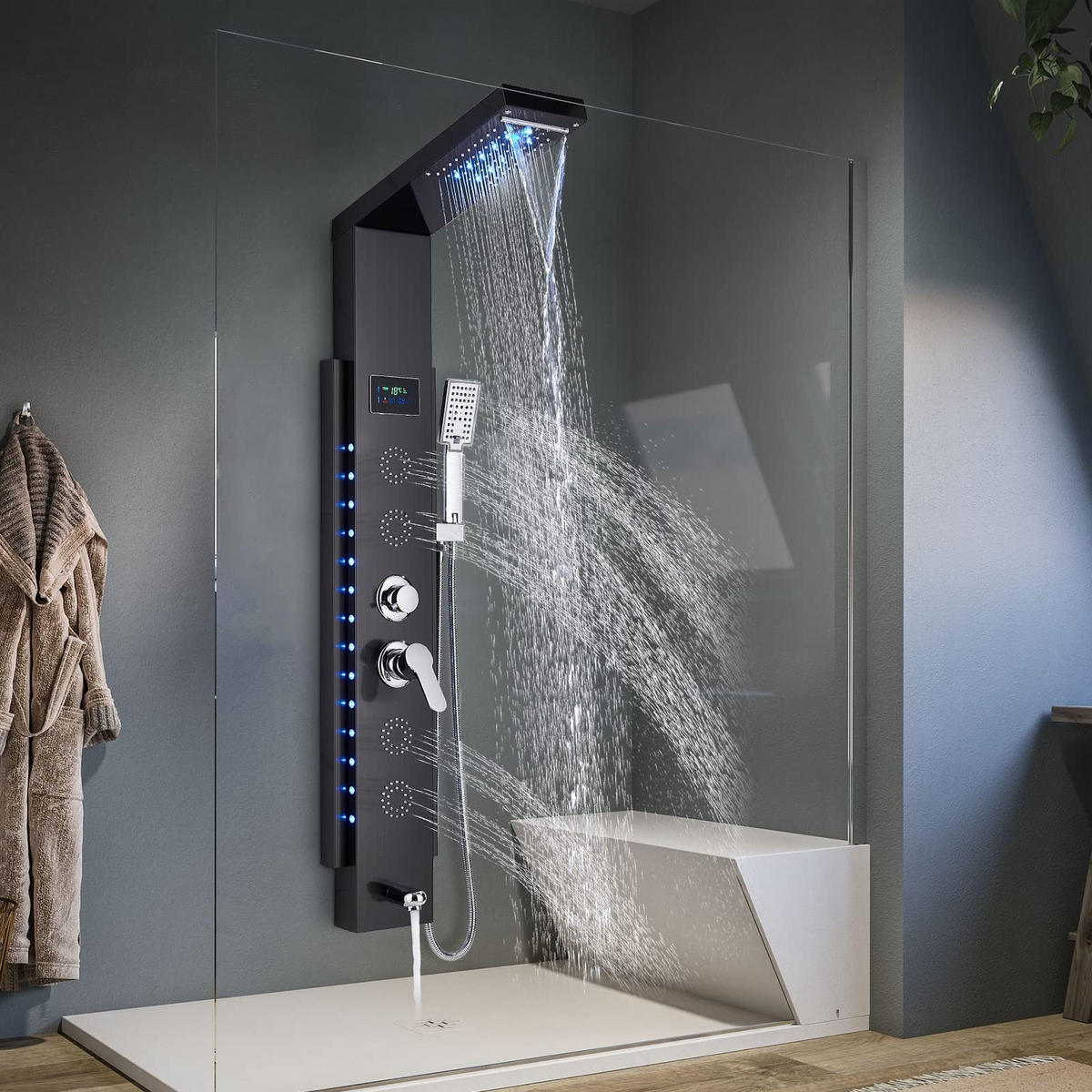ÜBERKOPFBRAUSESET Schwarz LED Edelstahl Regendusche Massagedusche Duschpaneel - Schwarz, Metall (15/125/46cm) - Kaket