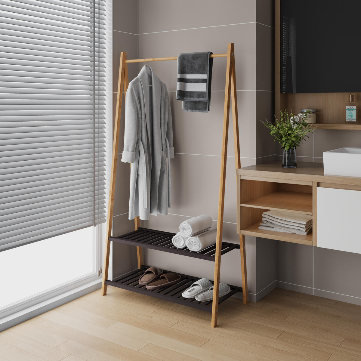 HOCHSCHRANK mit 2 offenen Fächern und Türen Bambus Natur - Braun, Holzwerkstoff (40/150/80cm) - Beauniv