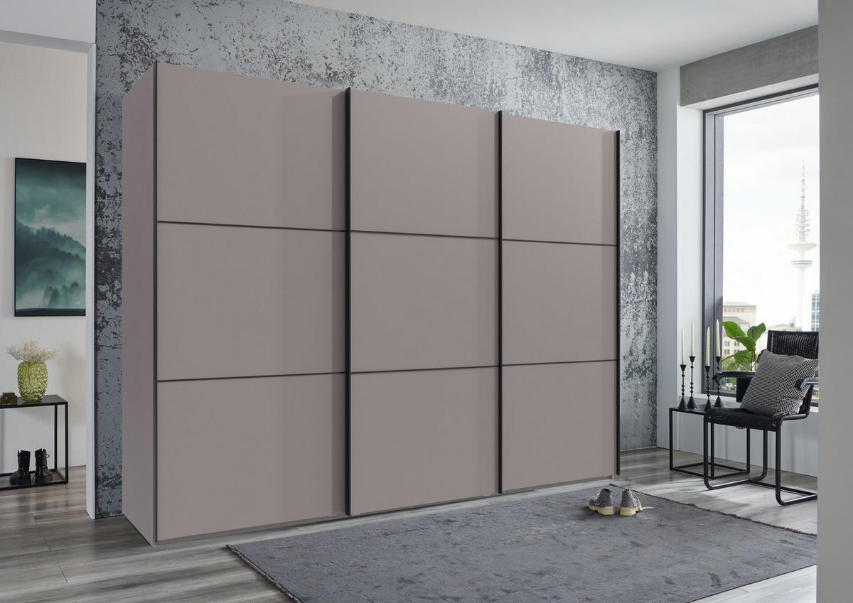 SCHWEBETÜRENSCHRANK 3-türig B300/H216/T65 cm inkl. Vollausstattung in Sand Grau / 22017 - Sandfarben/Schwarz, Holzwerkstoff/Metall (300/216/65cm) - luma-home