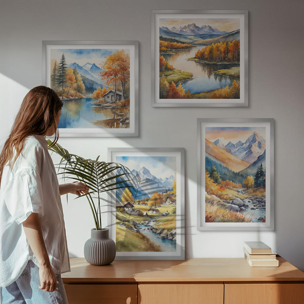 WANDBILDER 4er Set - 50x50 cm & 40x60 cm Silberner Rahmen - Herbstliche Naturlandschaften - Silberfarben, Kunststoff (50/50cm) - ArtPrintCave