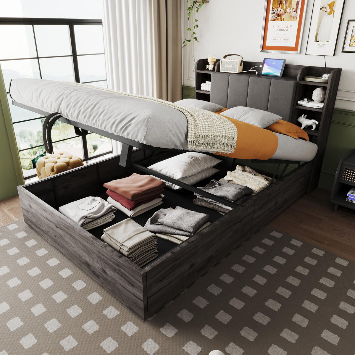POLSTERBETT 140/200 cm Grau mit Stauraum, Ausgestattet mit USB und Tape-C-Steckdose - Grau, Holz (140/200cm) - Oxeza