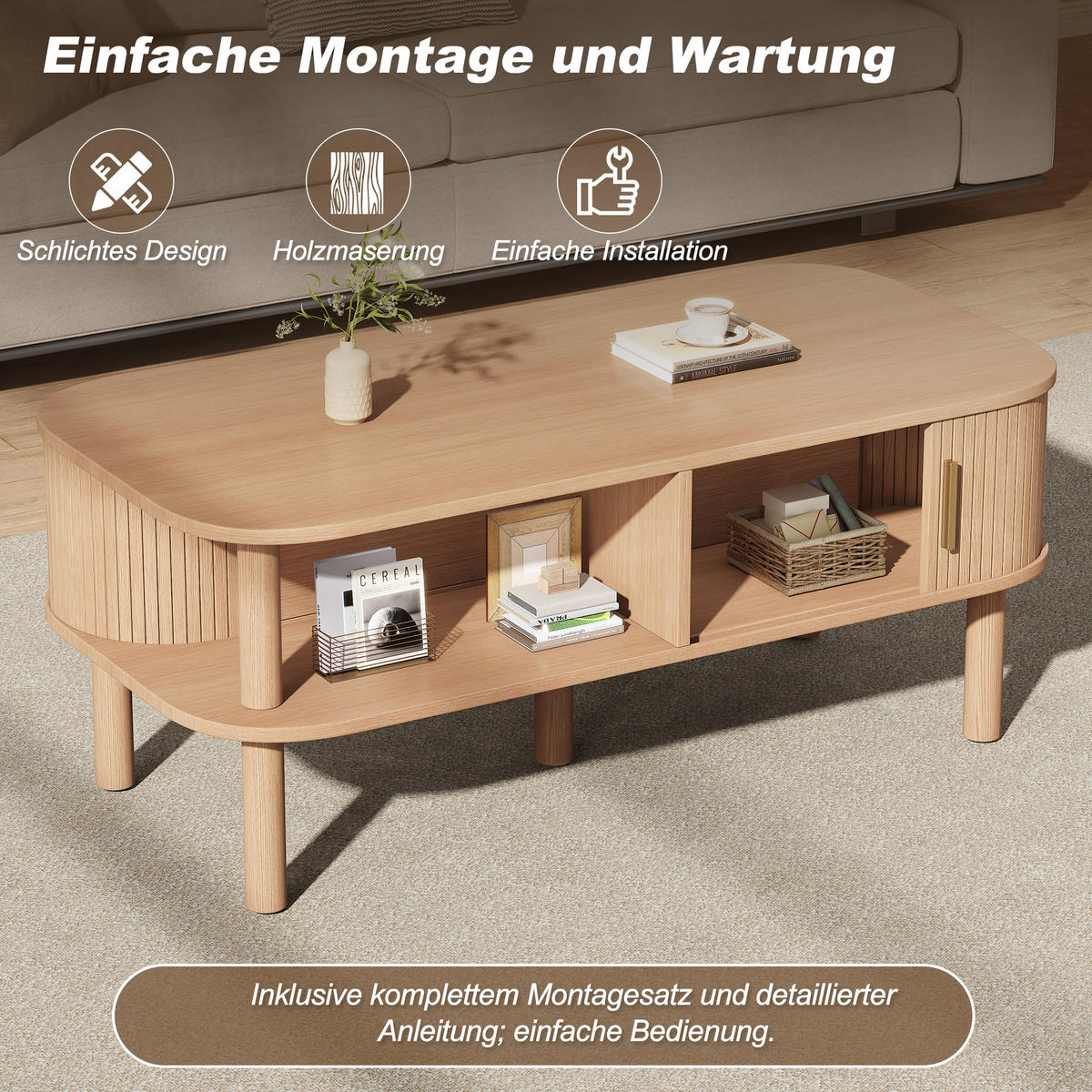 COUCHTISCH in Naturfarben mit Rolltor und offenen Fächern für Wohnzimmer, B110/T55/H45 cm - Naturfarben, Holzwerkstoff (55/110/45cm) - STILVORA