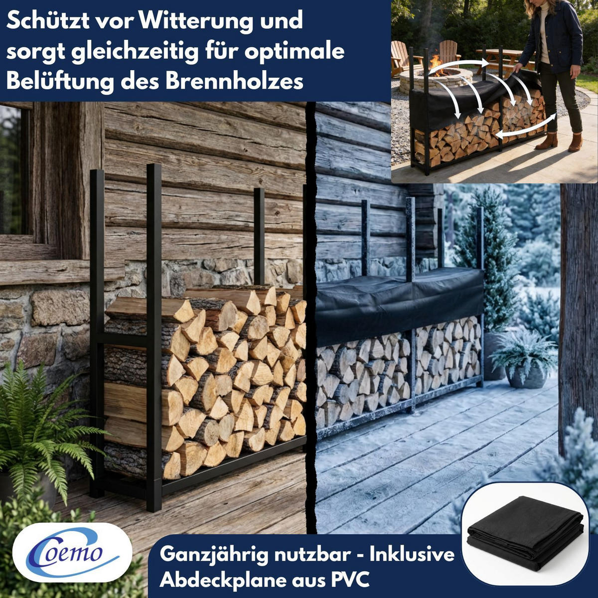 BRENNHOLZREGAL HANS Metall Schwarz 335/25/115 cm - Schwarz, Metall (25/115/335cm) - Coemo