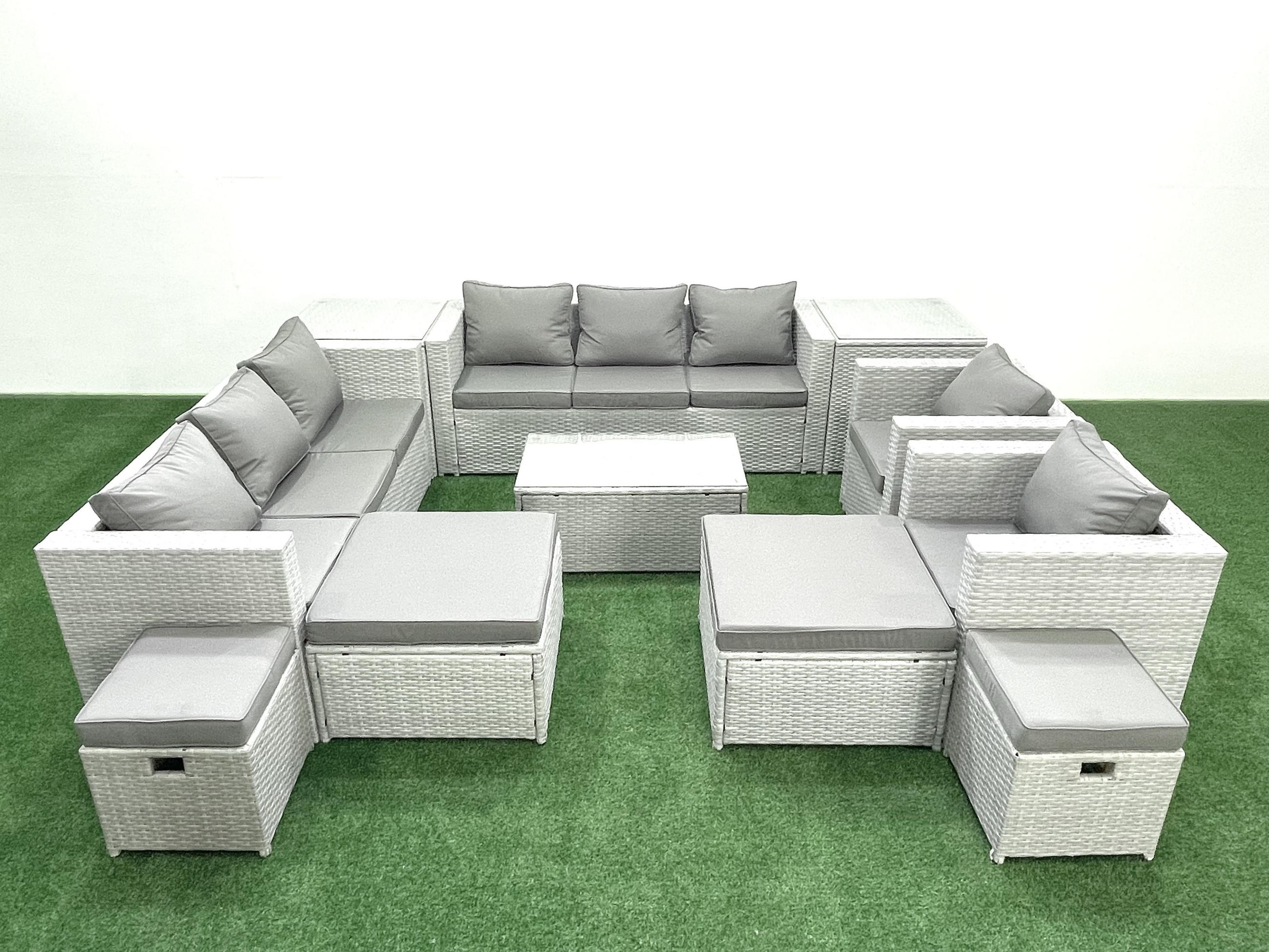 GARTENSET mit 3-SITZER SOFA,COUCHTISCH Polyrattan Hellgrau-Mix 12-Sitzer - Hellgrau/Grau, Glas/Kunststoff - Fimous