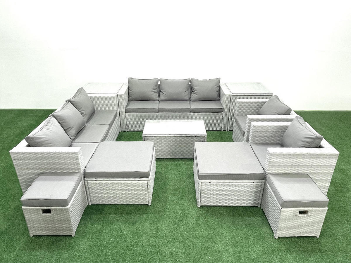 GARTENSET mit 3-SITZER SOFA,COUCHTISCH Polyrattan Hellgrau-Mix 12-Sitzer - Hellgrau/Grau, Glas/Kunststoff - Fimous