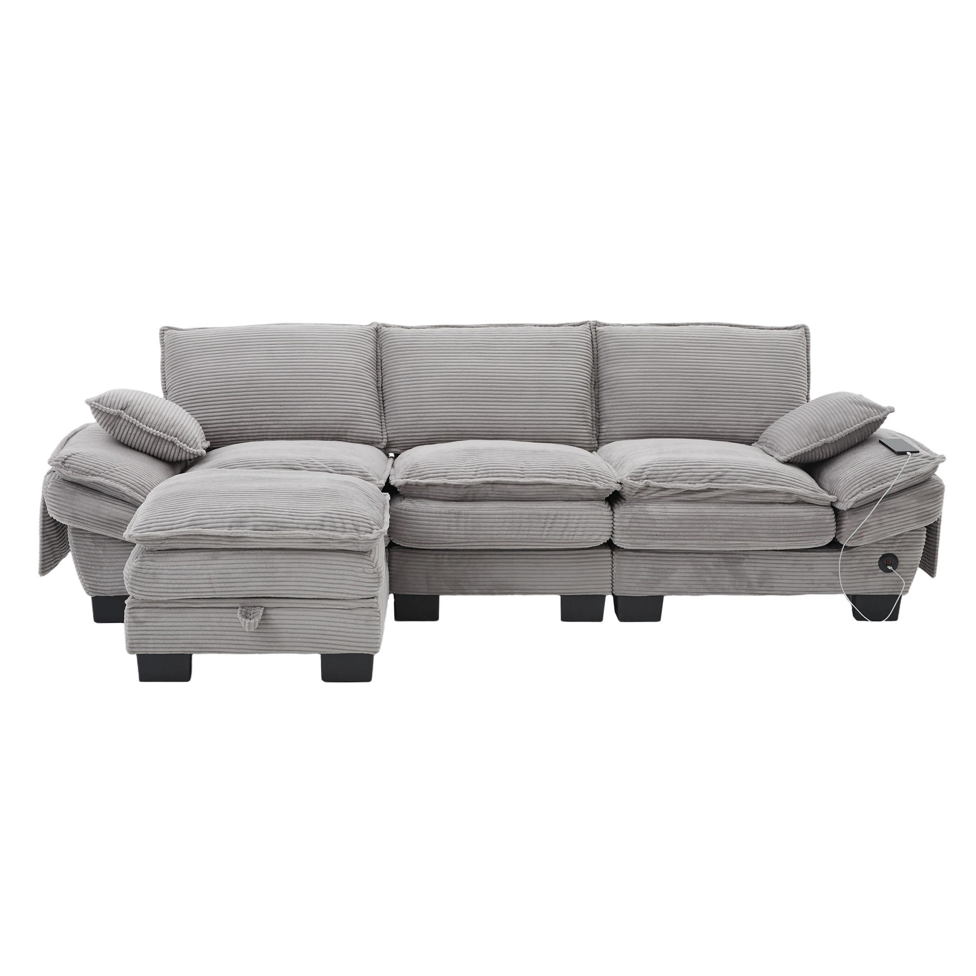 3-SITZER SOFA Cord Hellgrau mit USB-C, Seitentaschen und Hocker - Hellgrau, Holzwerkstoff/Kunststoff (260/132cm) - WISHDOR