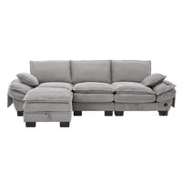 3-SITZER SOFA Cord Hellgrau mit USB-C, Seitentaschen und Hocker - Hellgrau, Holzwerkstoff/Kunststoff (260/132cm) - WISHDOR