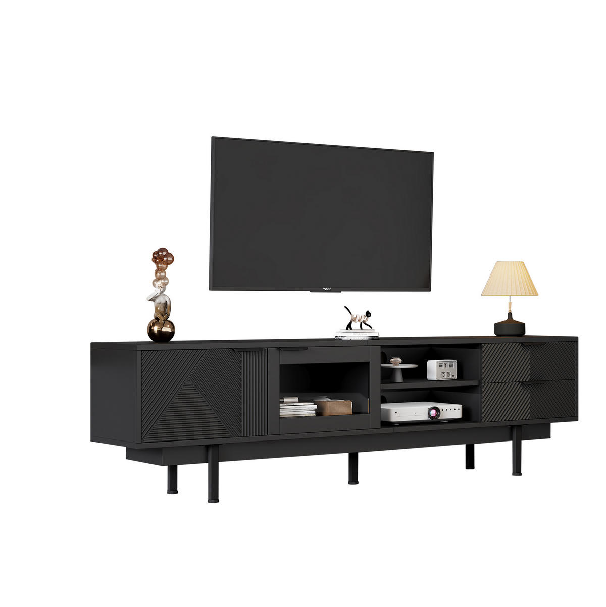 TV-LOWBOARD aus Spanplatte 200x40x50,5 cm Schwarz mit 2 Türen, 2 Schubladen und Ablagefächern - Schwarz, Holzwerkstoff (200/50.5/40cm) - Modfu