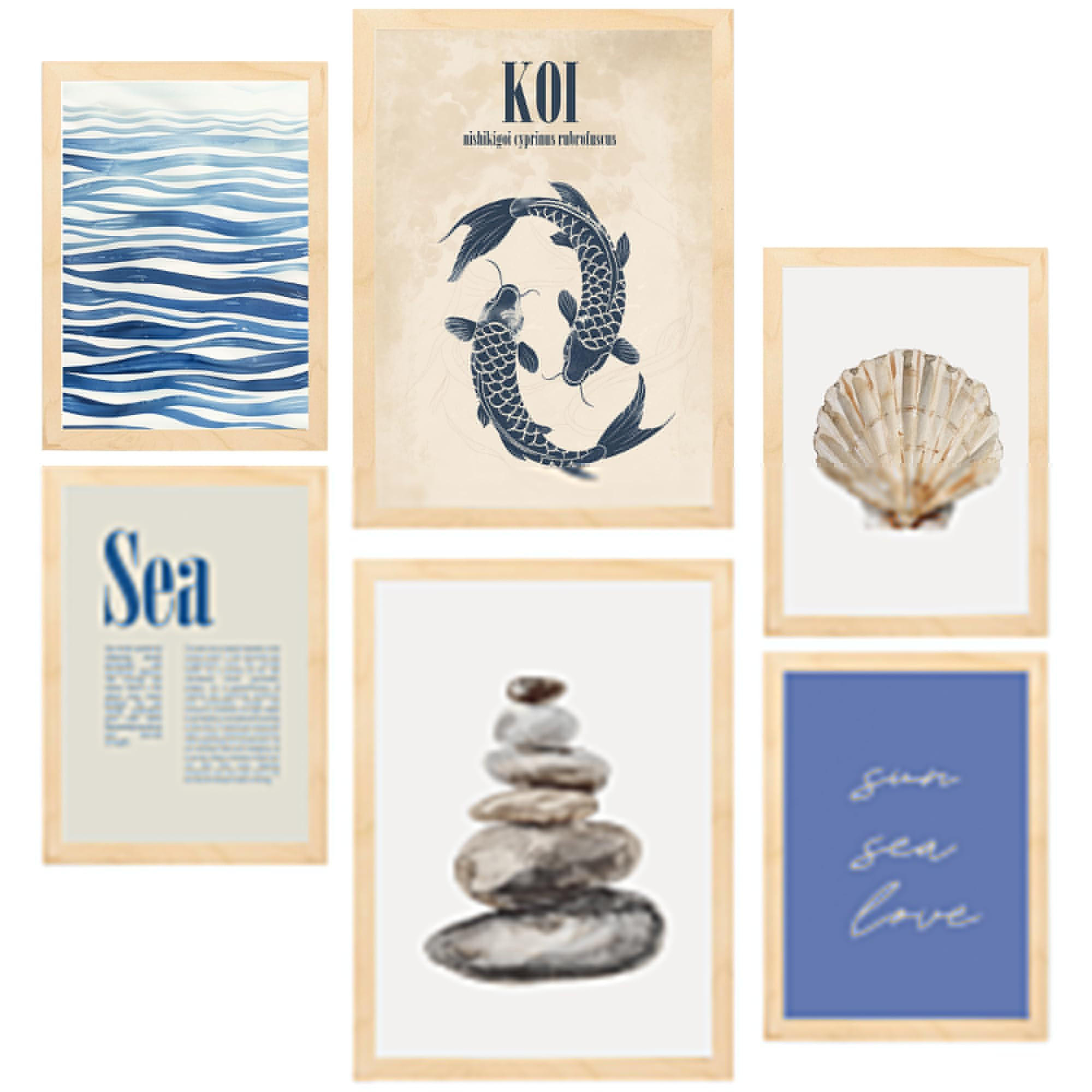 POSTER Set Mit 6 Meer, Ozean, Marine A3 & A4 Rahmen Aus Hellem Holz - Beige, Papier (29/3cm) - Nacnic