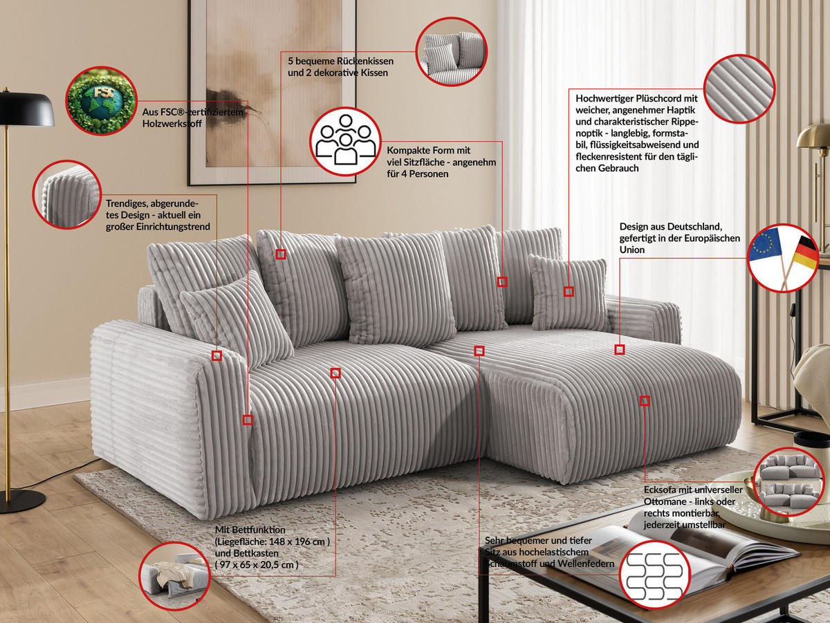 ECKSOFA Calma mit Schlaffunktion und Bettkasten im Bumpy-Design aus weichem Hellgrau Plüschcord - Ottomane rechts - Hellgrau/Schwarz, Holz/Kunststoff (140/239cm) - S-Style