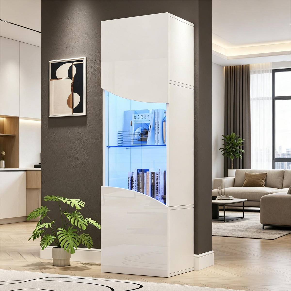 VITRINE Schmales Vitrinenregal mit 4 Ebenen, Hochglanz, Glas & LED-Beleuchtung 35/50/165 cm Weiß 1 Set Spanplatte/Glas - Weiß, Glas/Holzwerkstoff (50/165/35cm) - EVRYAE