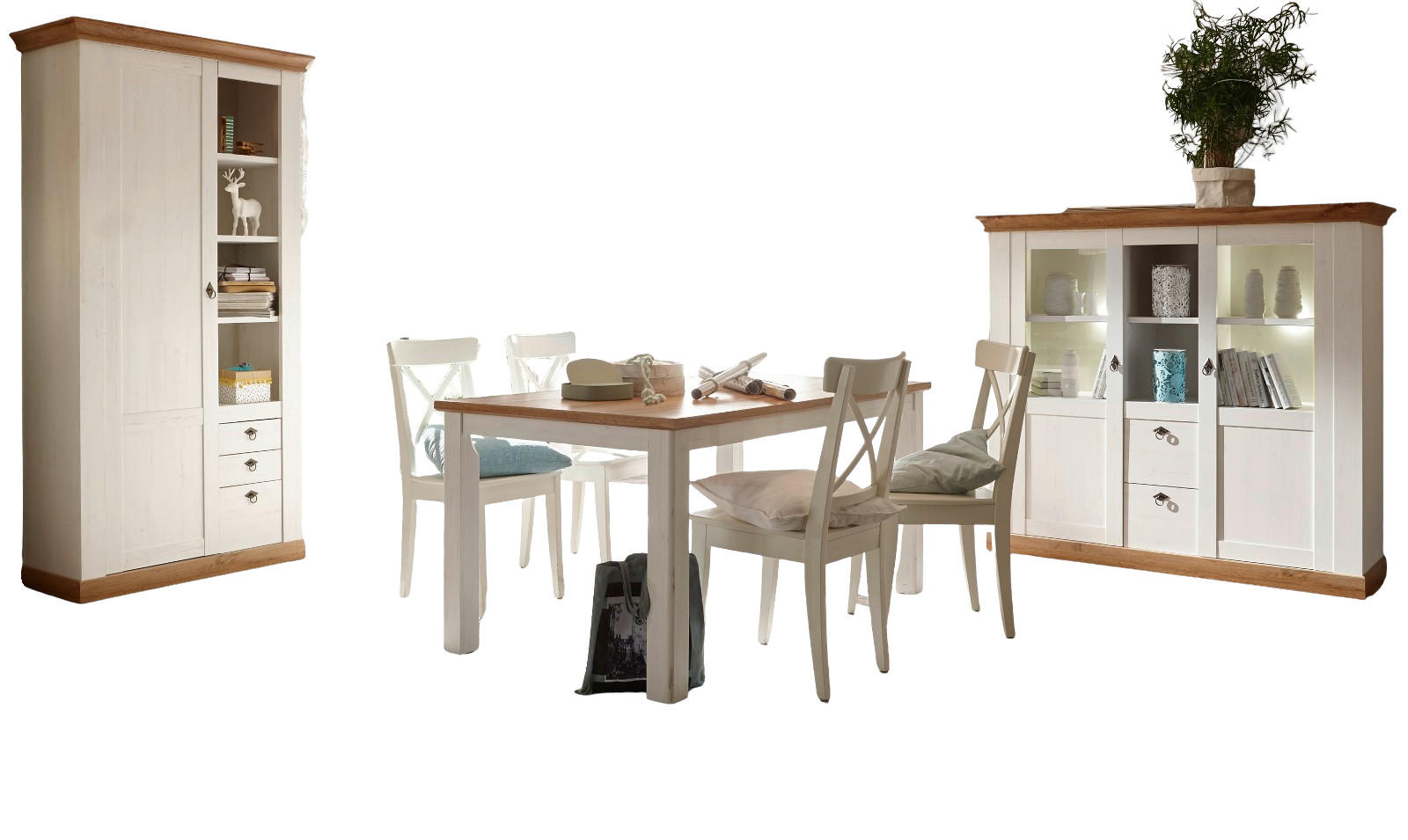 ESSZIMMER-SET weiß Pinie, Eiche Wotan, Landhaus Speisezimmer 3-teilig - Eichefarben/Silberfarben, Holzwerkstoff/Metall (158/204/88cm) - Furn.Design