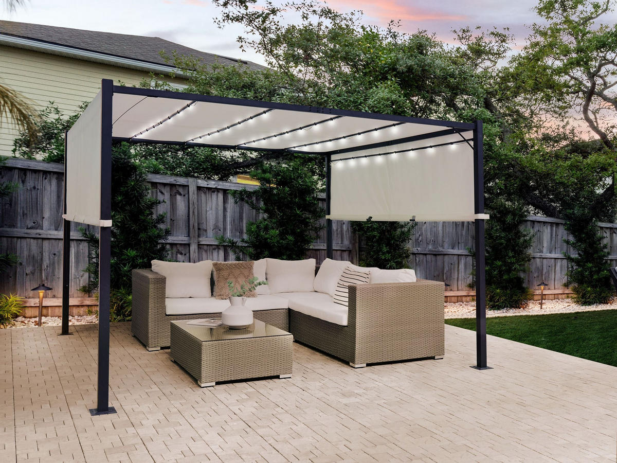 PERGOLA LED világítással Acél bézs 310/310 cm Parga - bézs/fekete, fém (310/215/310cm) - Beliani