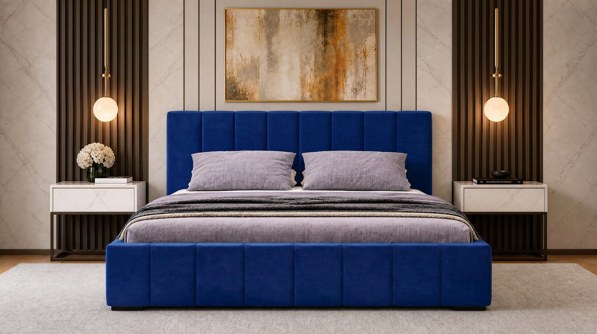POLSTERBETT Nero 200x200 cm, Doppelbett mit Bettkasten und Lattenrost aus Holz, Velourstoff: Dunkelblau - Dunkelblau, Holz/Kunststoff (200/200cm) - Marpur